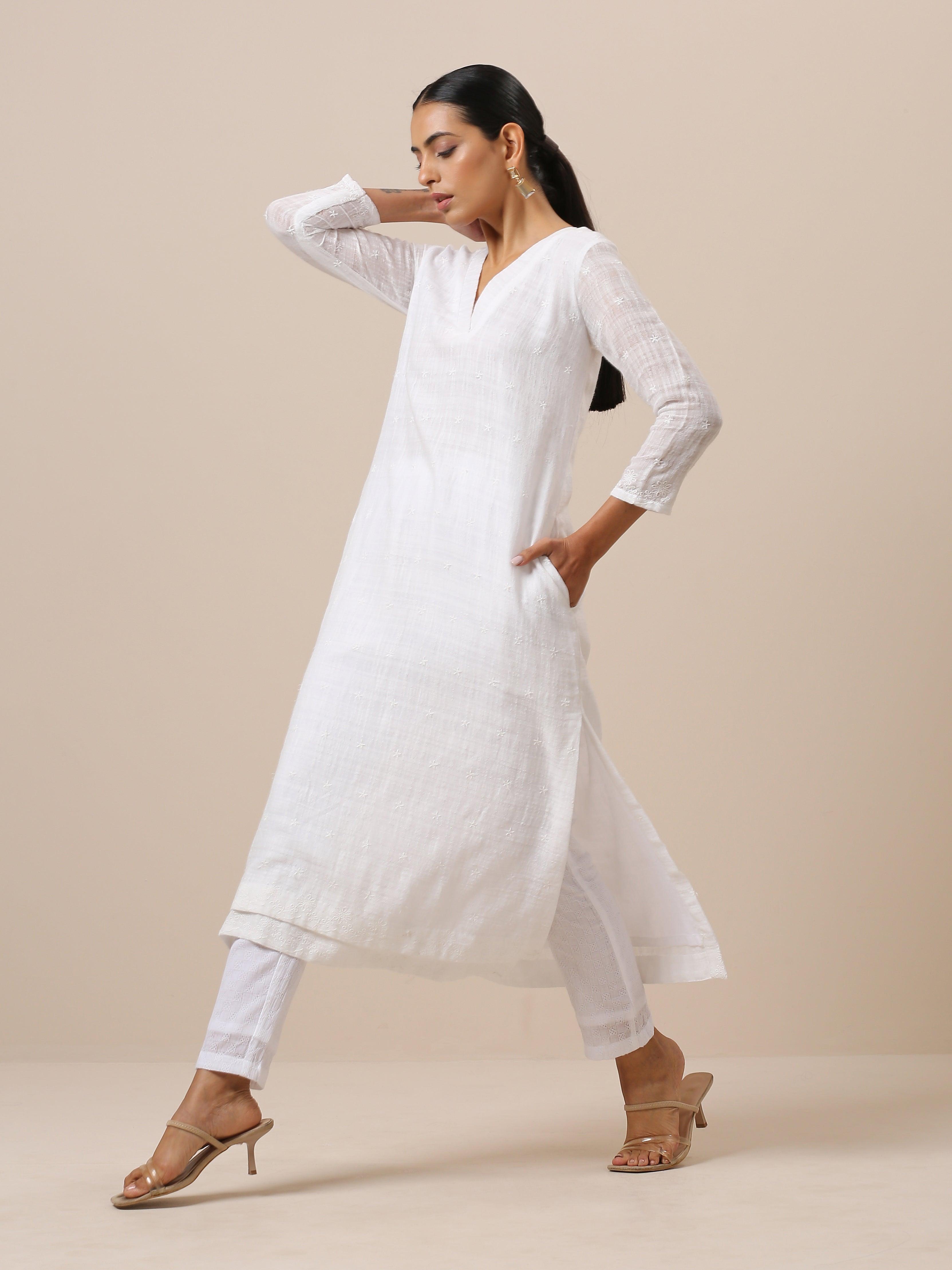 Cotton White Double Hem Embroidered Kurta Pant Set - trueBrowns