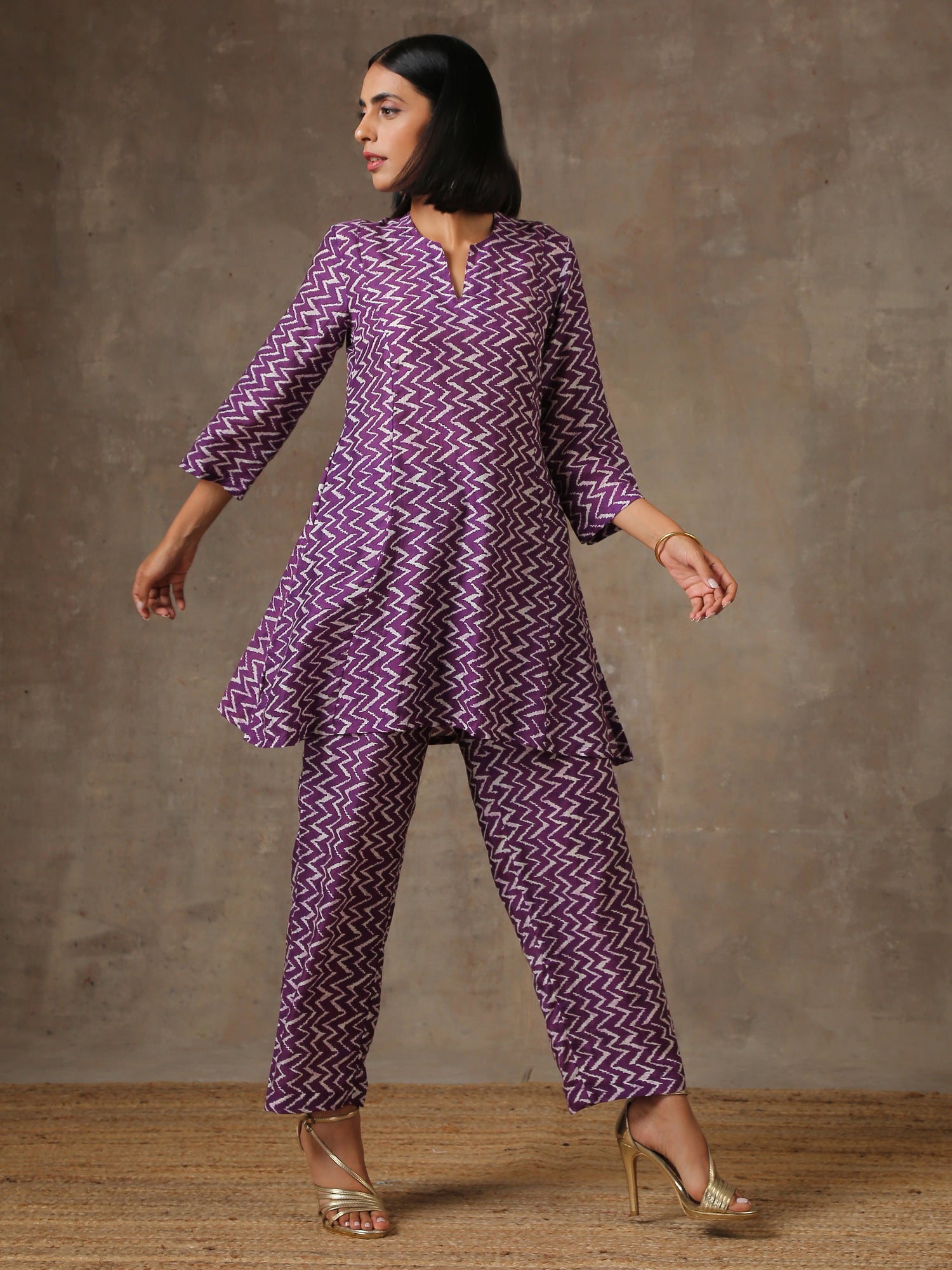 Purple White Lehariya Printed Silk Co-Ord Set