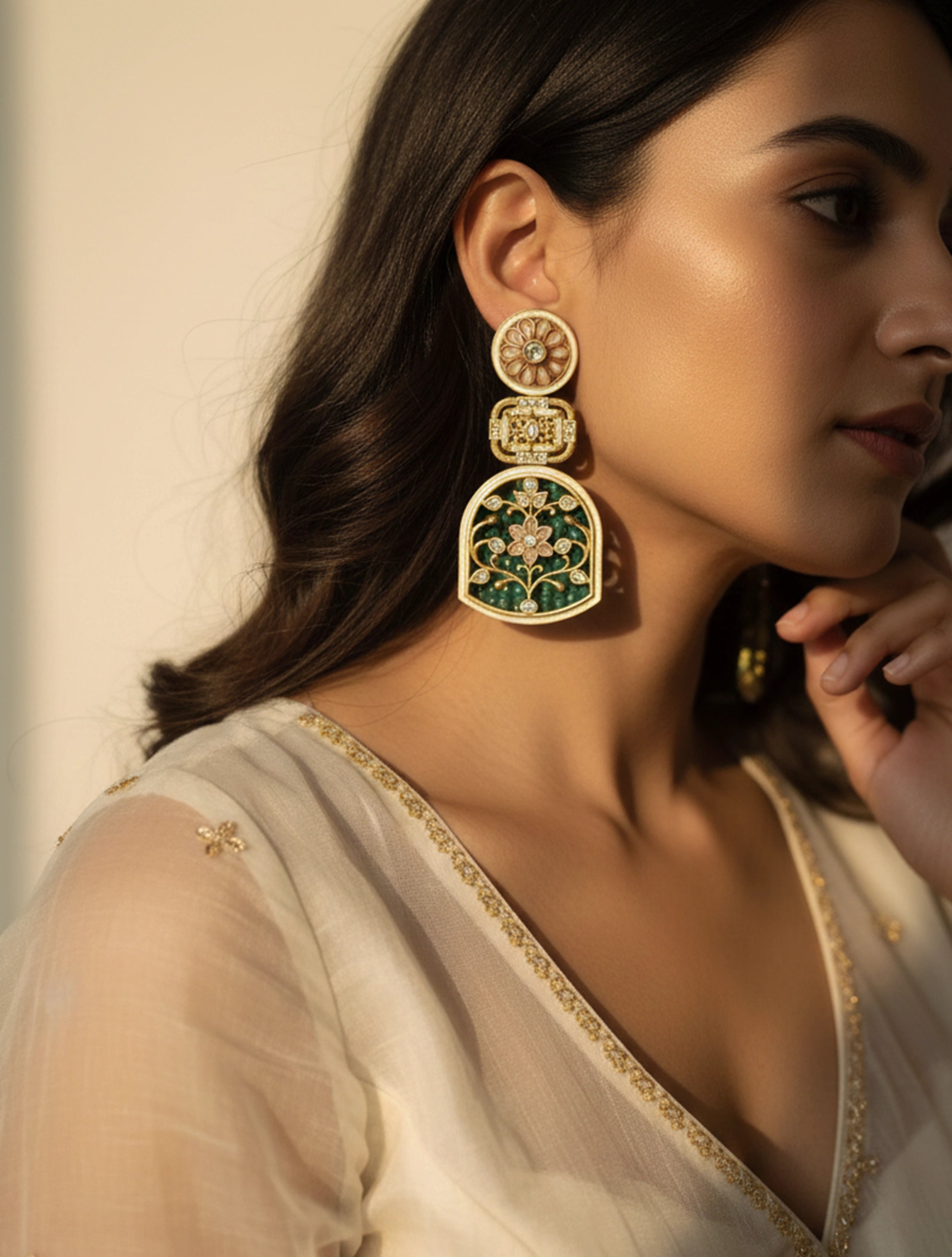 trueBrowns Green Rajwada Drop Earrings