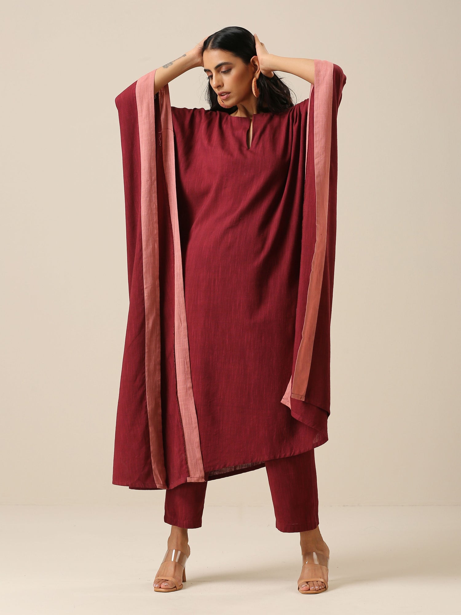 Ruby Wine Slub Texture High Low Kaftan Pant Set