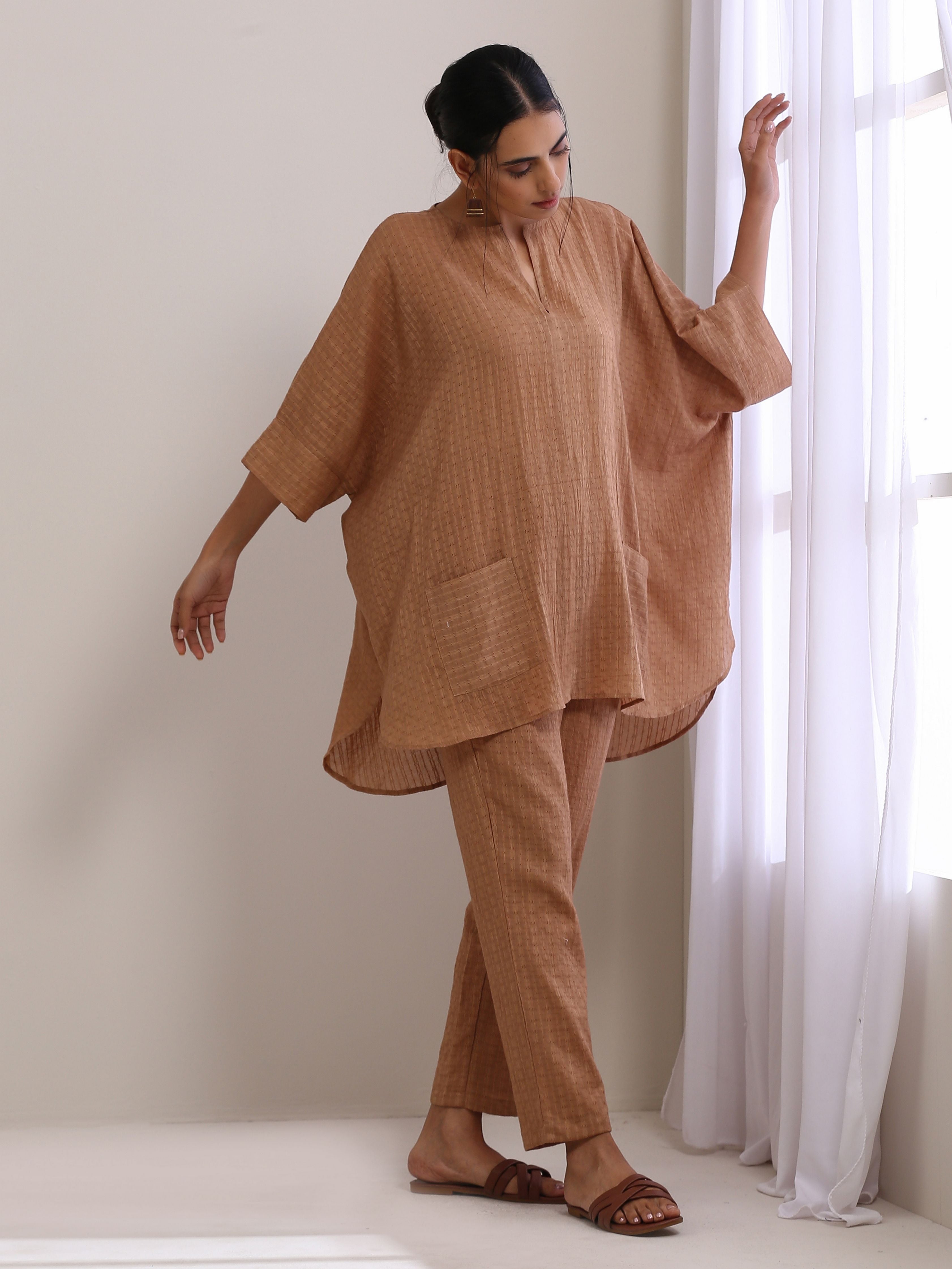 Beige Dobby Boxy Fit High-Low Co-Ord Set