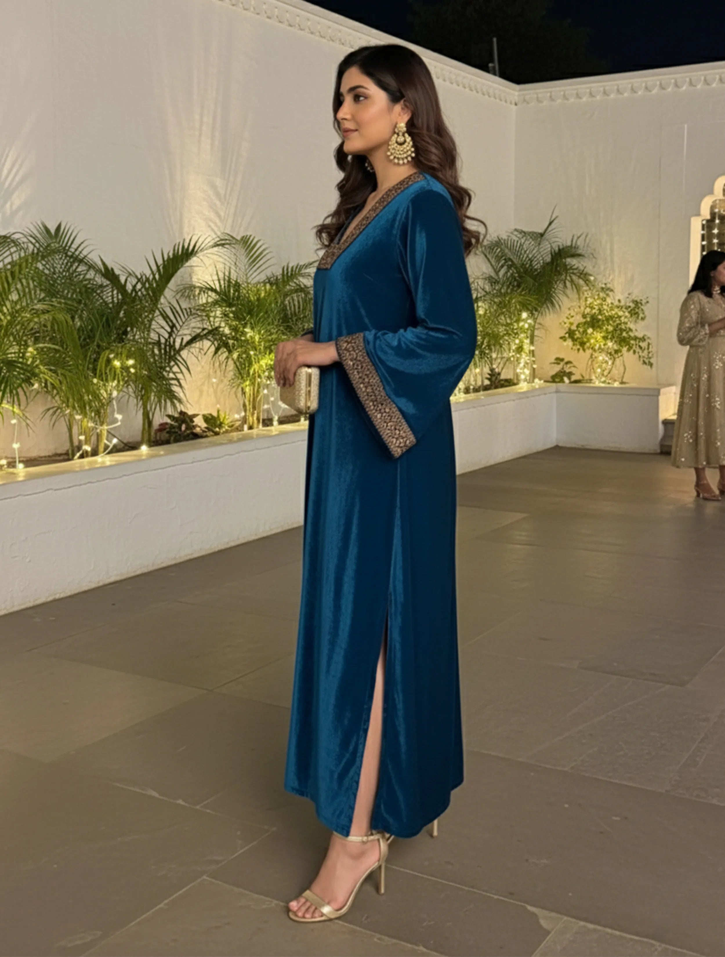 trueBrowns Blue Glass Neck Velvet Dress