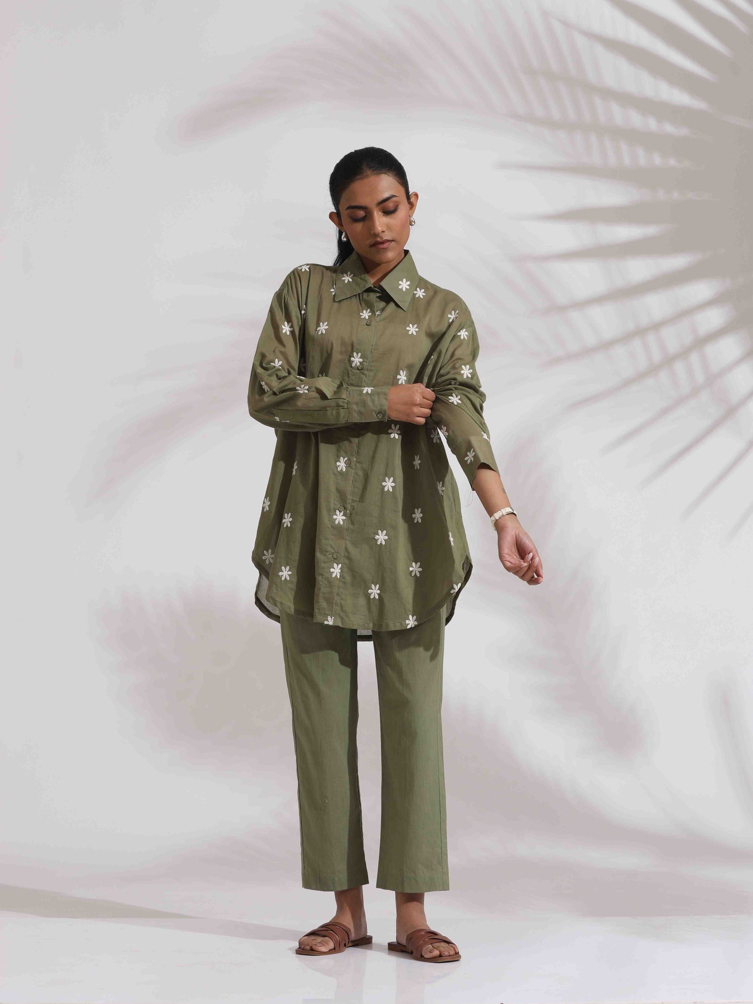 trueBrowns Olive Green Cotton Floral Embroidered Co-ord Set