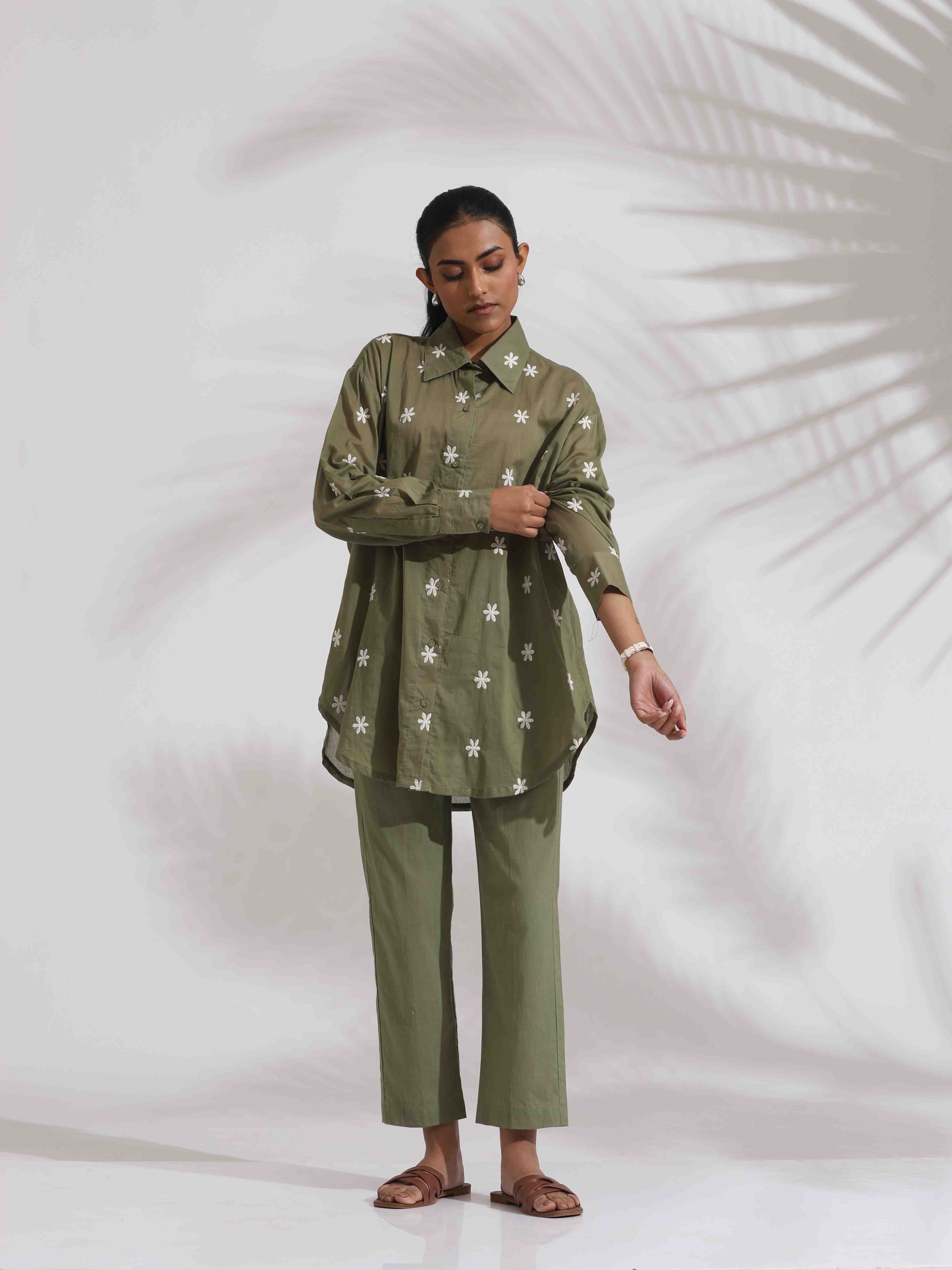 trueBrowns Olive Green Cotton Floral Embroidered Co-ord Set