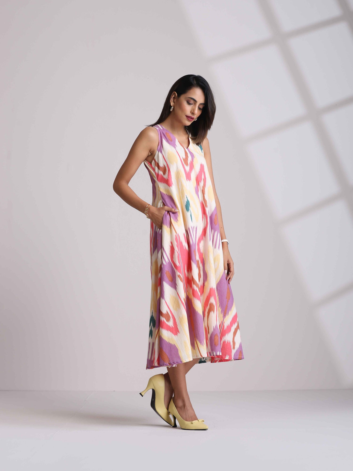 trueBrowns Pink Cotton Ikat Sleeveless Dress