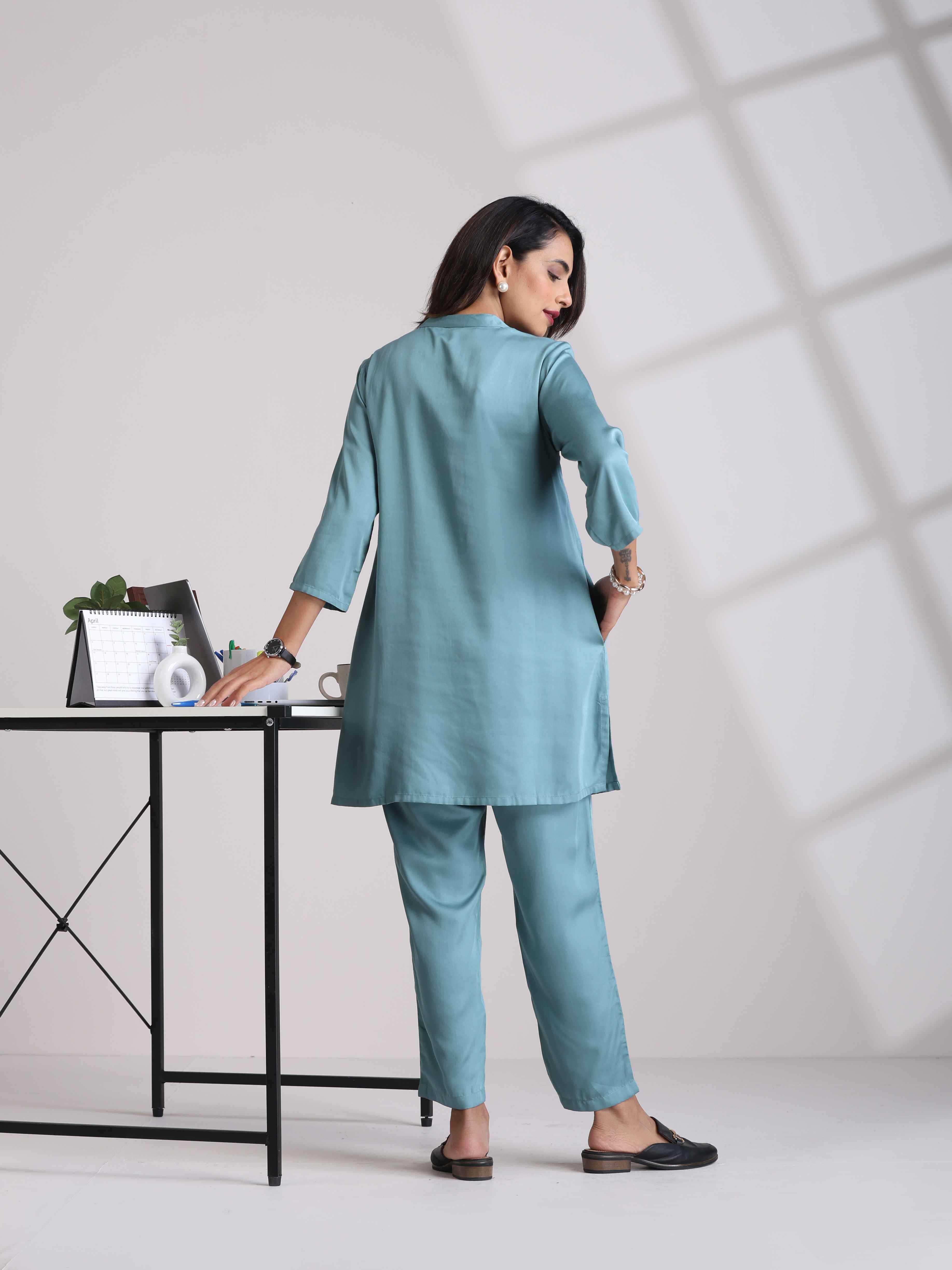 trueBrowns Light Blue Modal Straight Kurta Co-ord Set