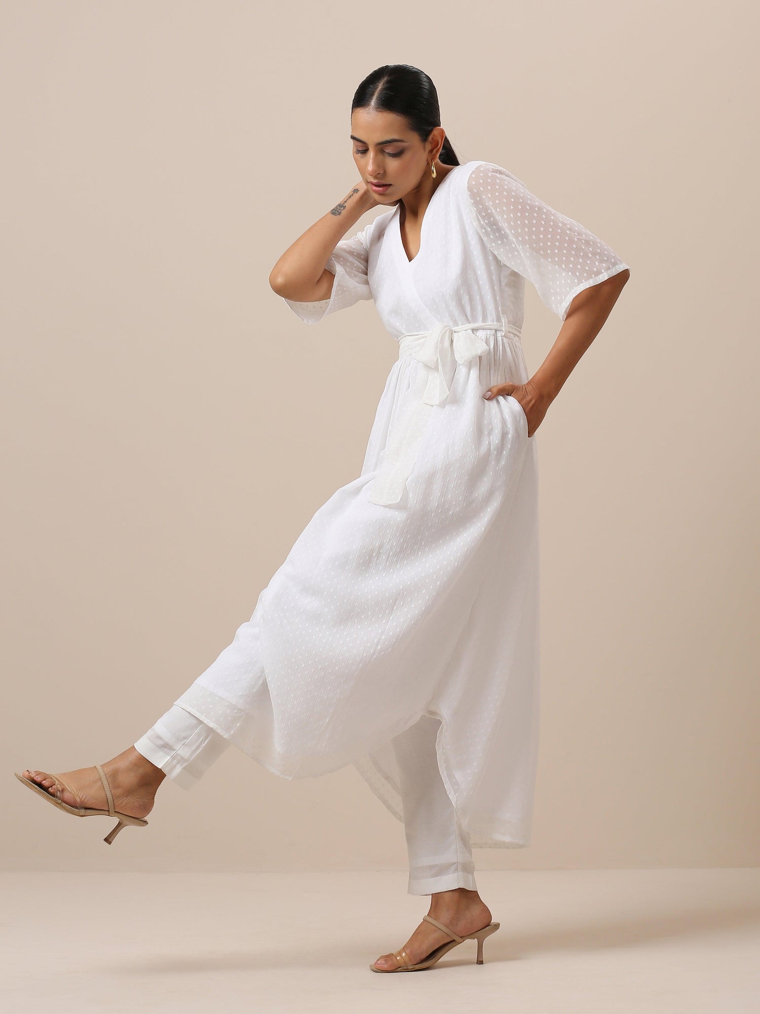 Chiffon White Dobby Wrap Kurta Pant Set - trueBrowns