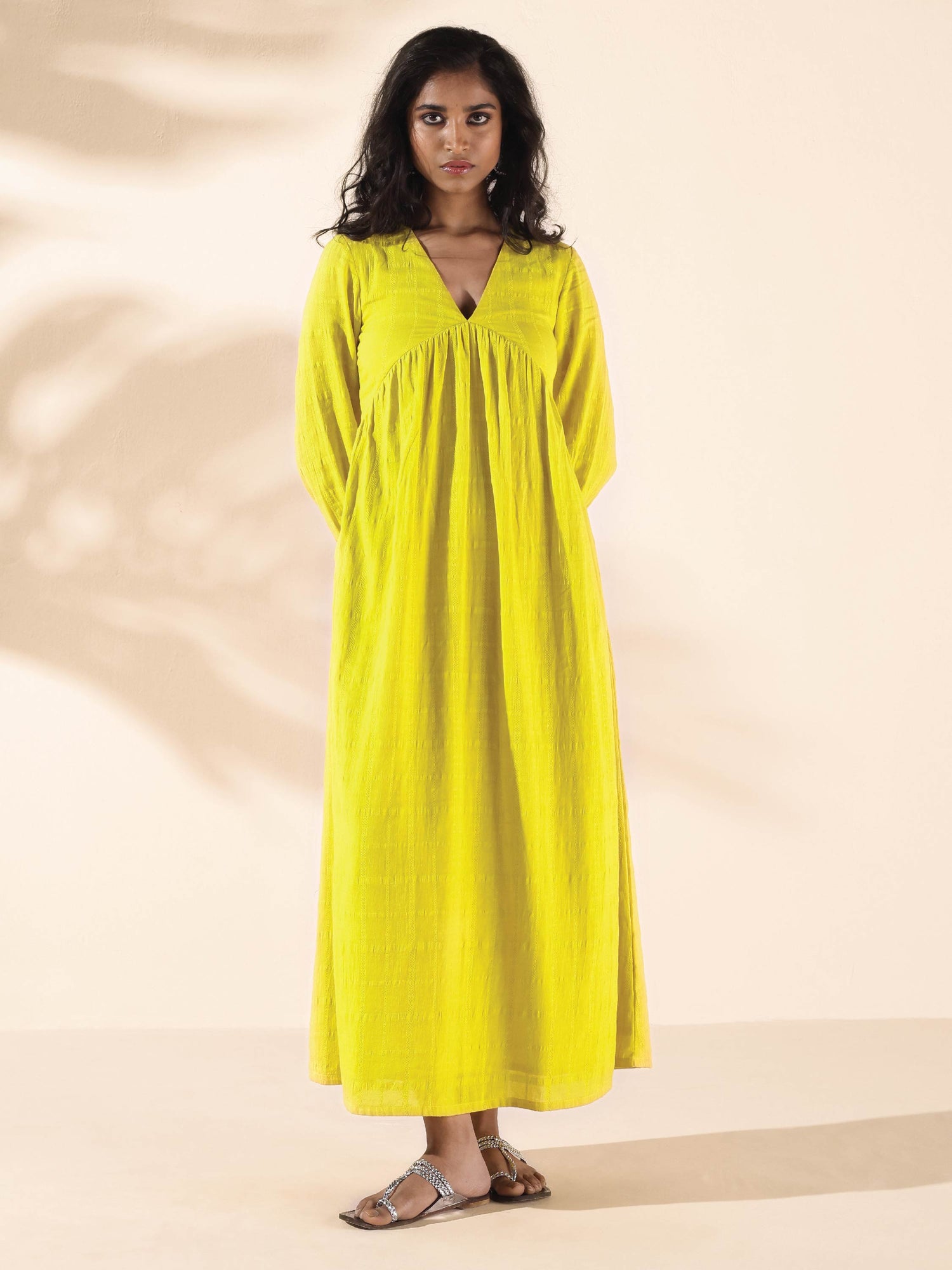 trueBrowns Lime Cotton Dobby Flared Dress