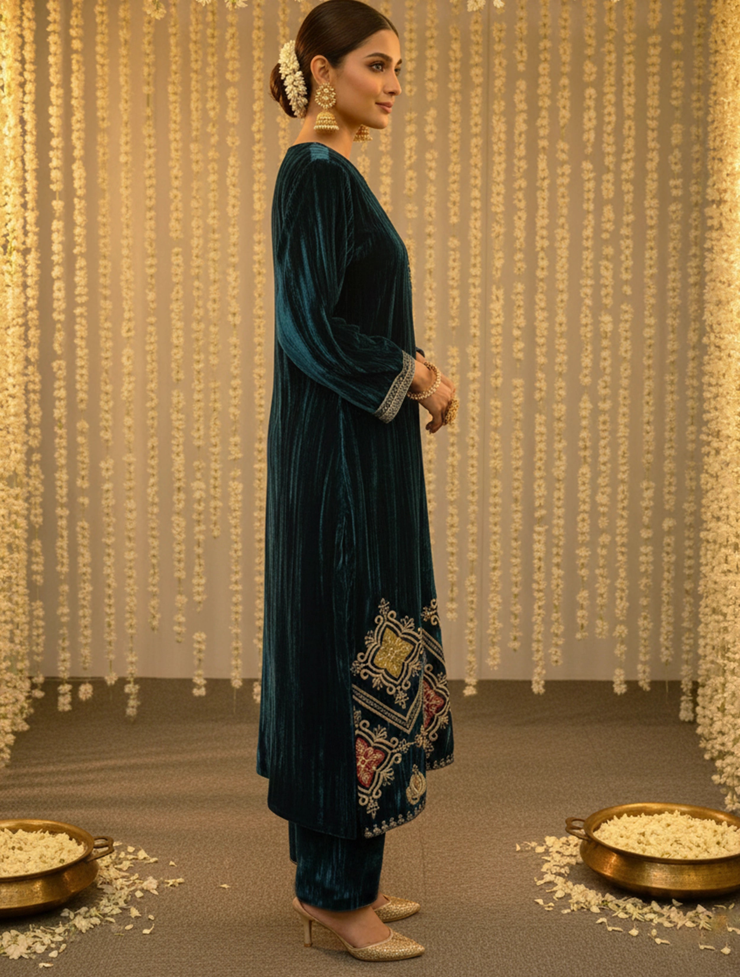 trueBrowns Blue Crinkled Velvet Embroidered Kurta Pants Dupatta Set