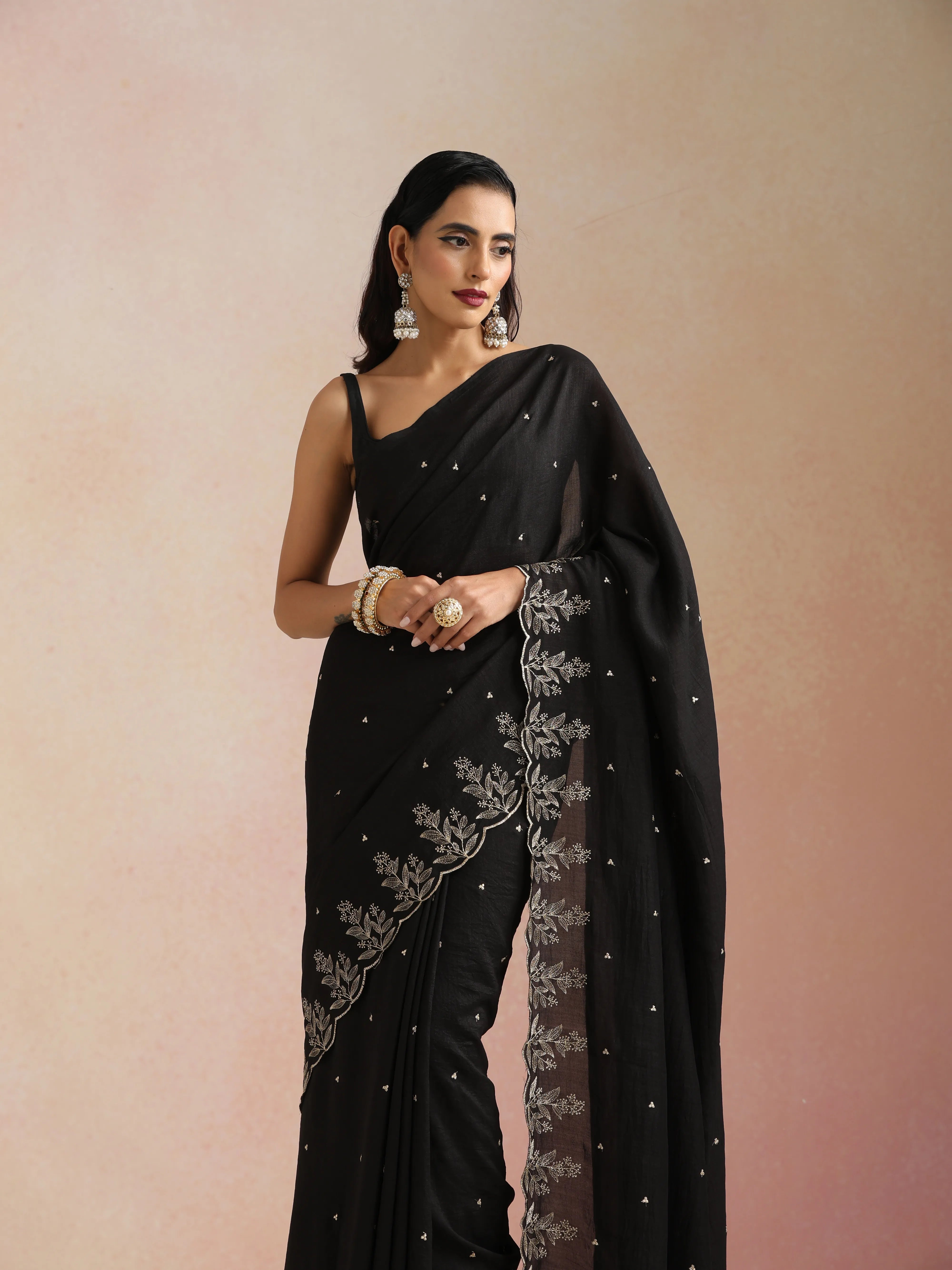 trueBrowns Black All Over Zari Embroidered Saree With Unstitched Blouse
