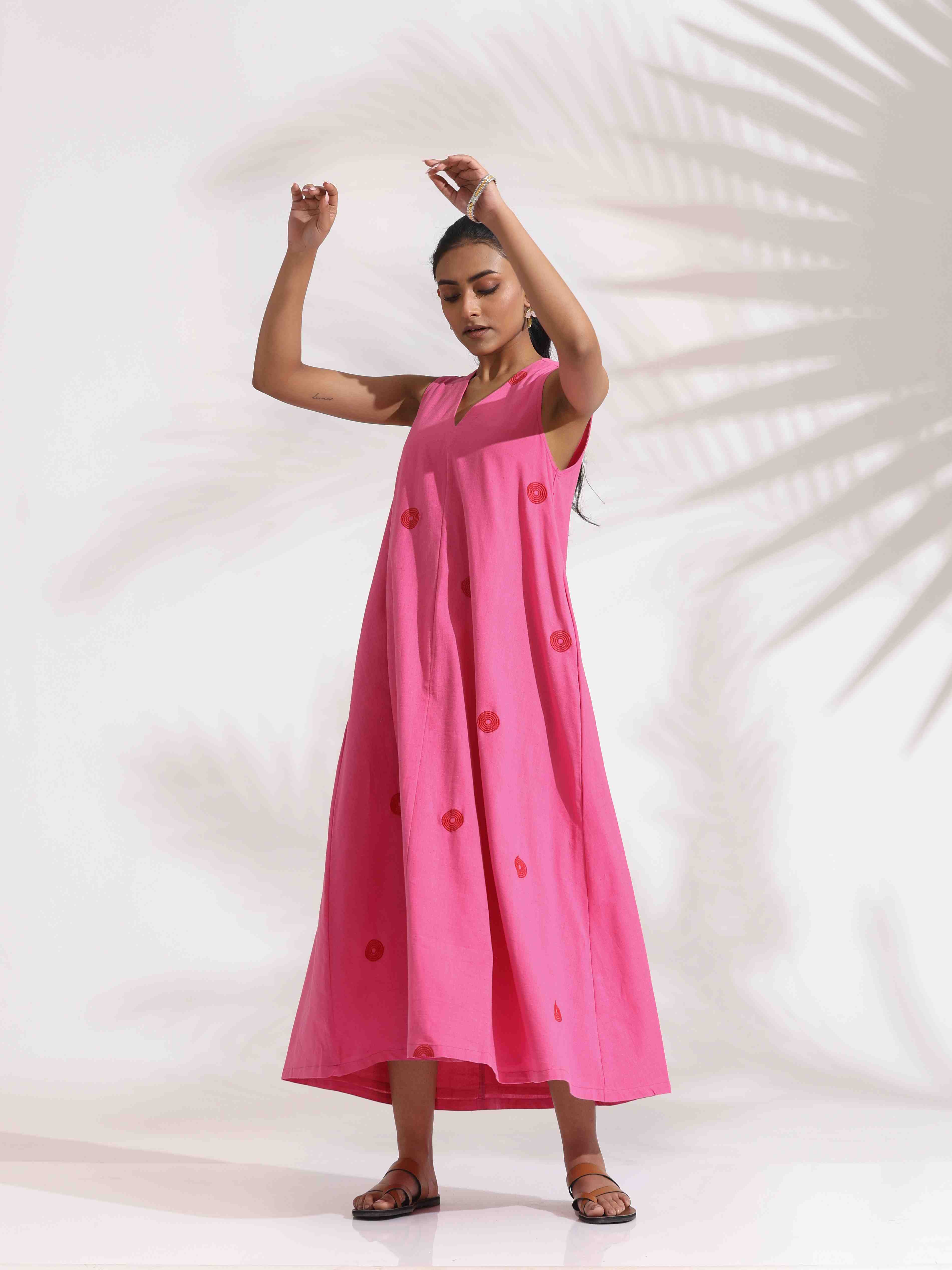 trueBrowns Pink Cotton Embroidered Flared Dress