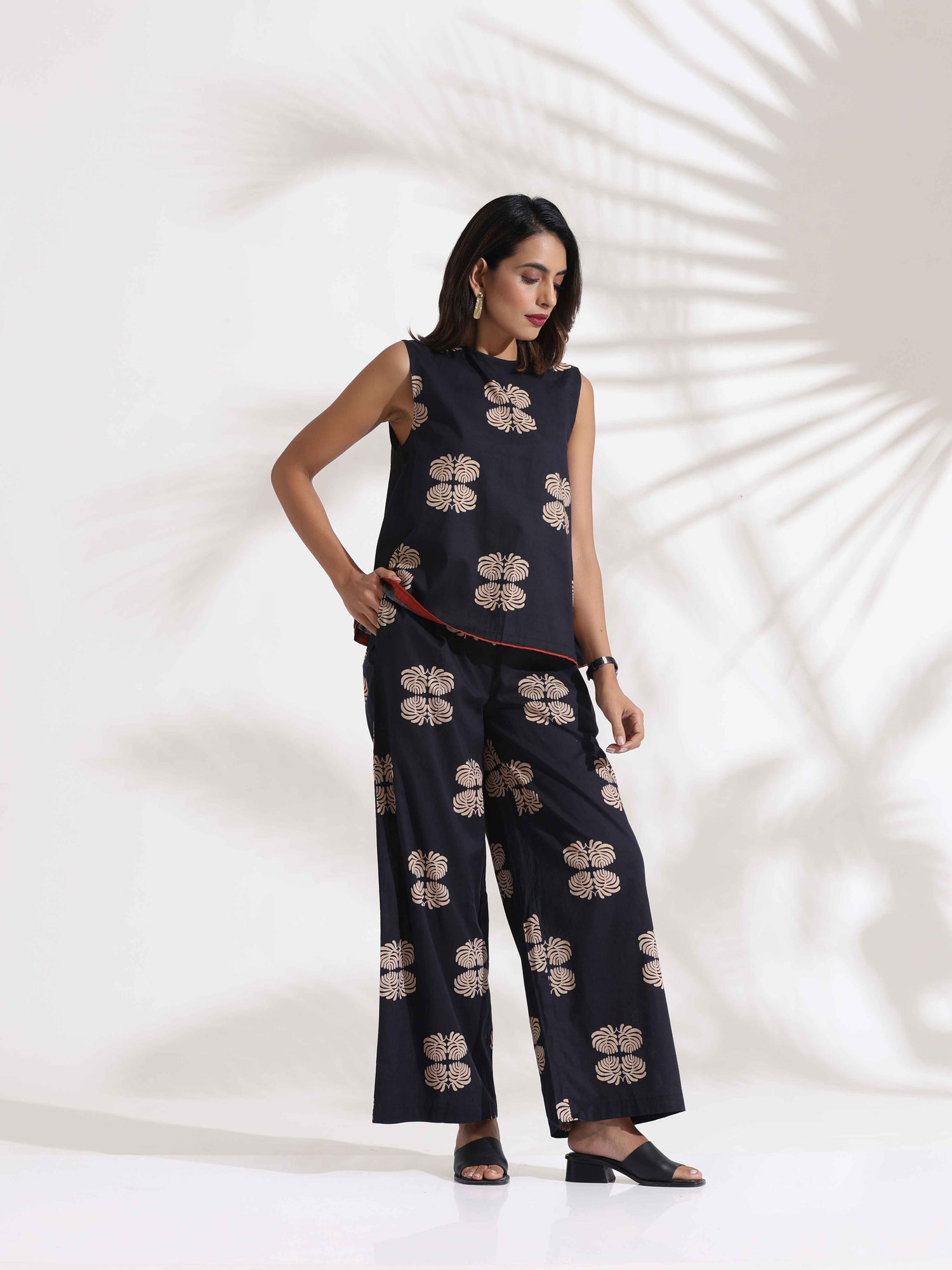 trueBrowns Black Cotton Print Top & Flared Pants Co-ord Set