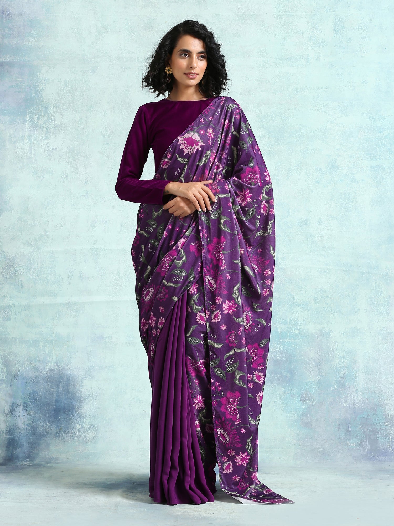 Wine Printed Velvet Pre-Stitched Saree