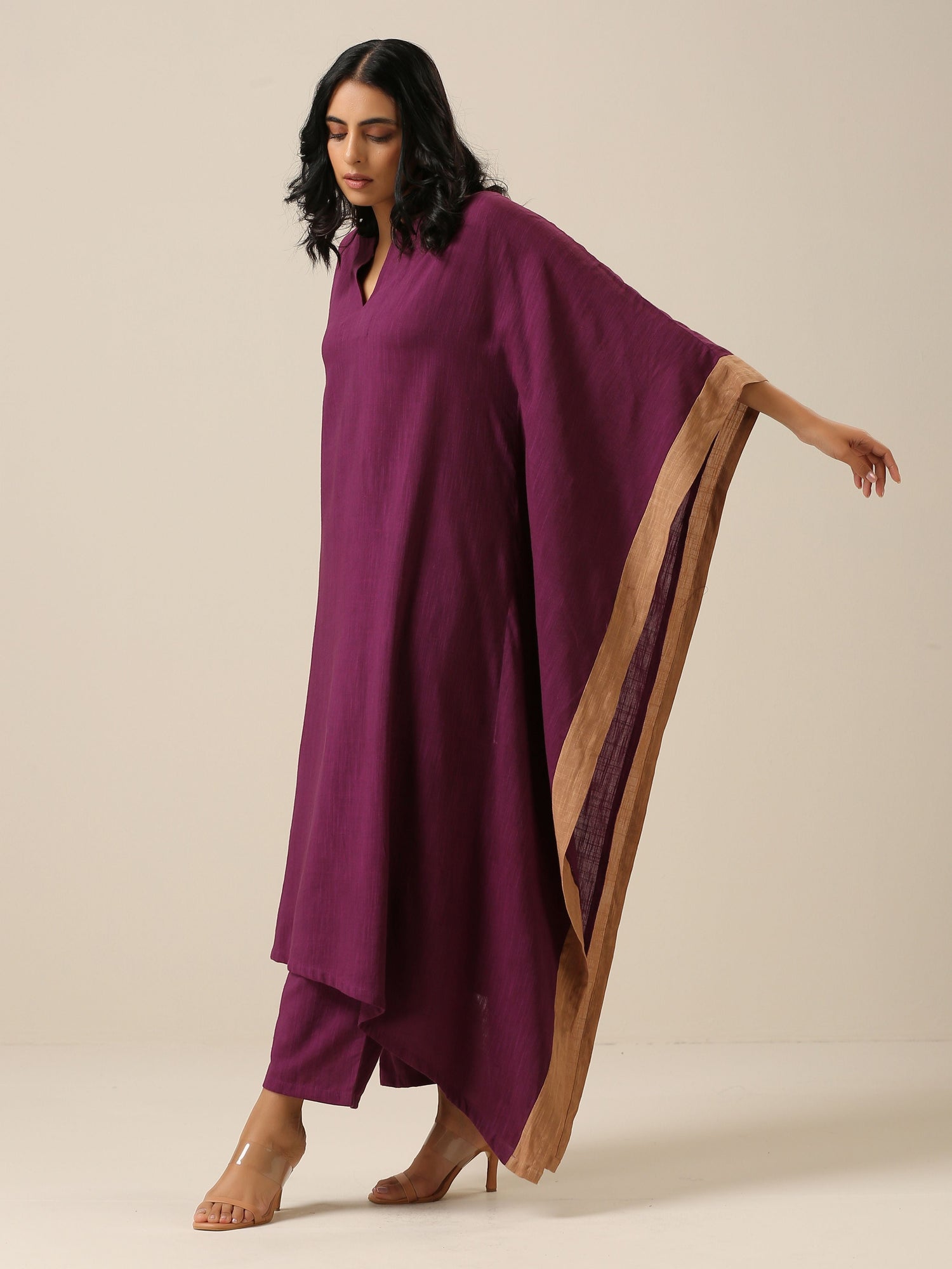 Plum Purple Slub Texture High Low Kaftan Pant Set