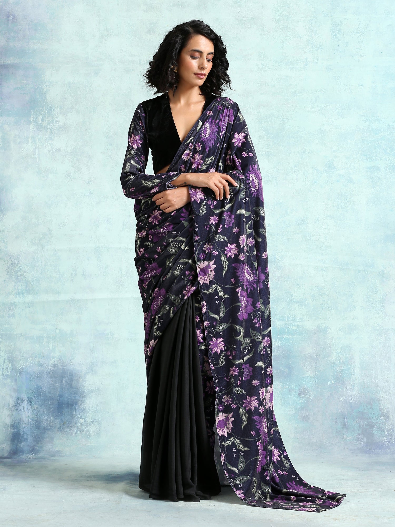 Black Printed Velvet Ready To Wear Saree