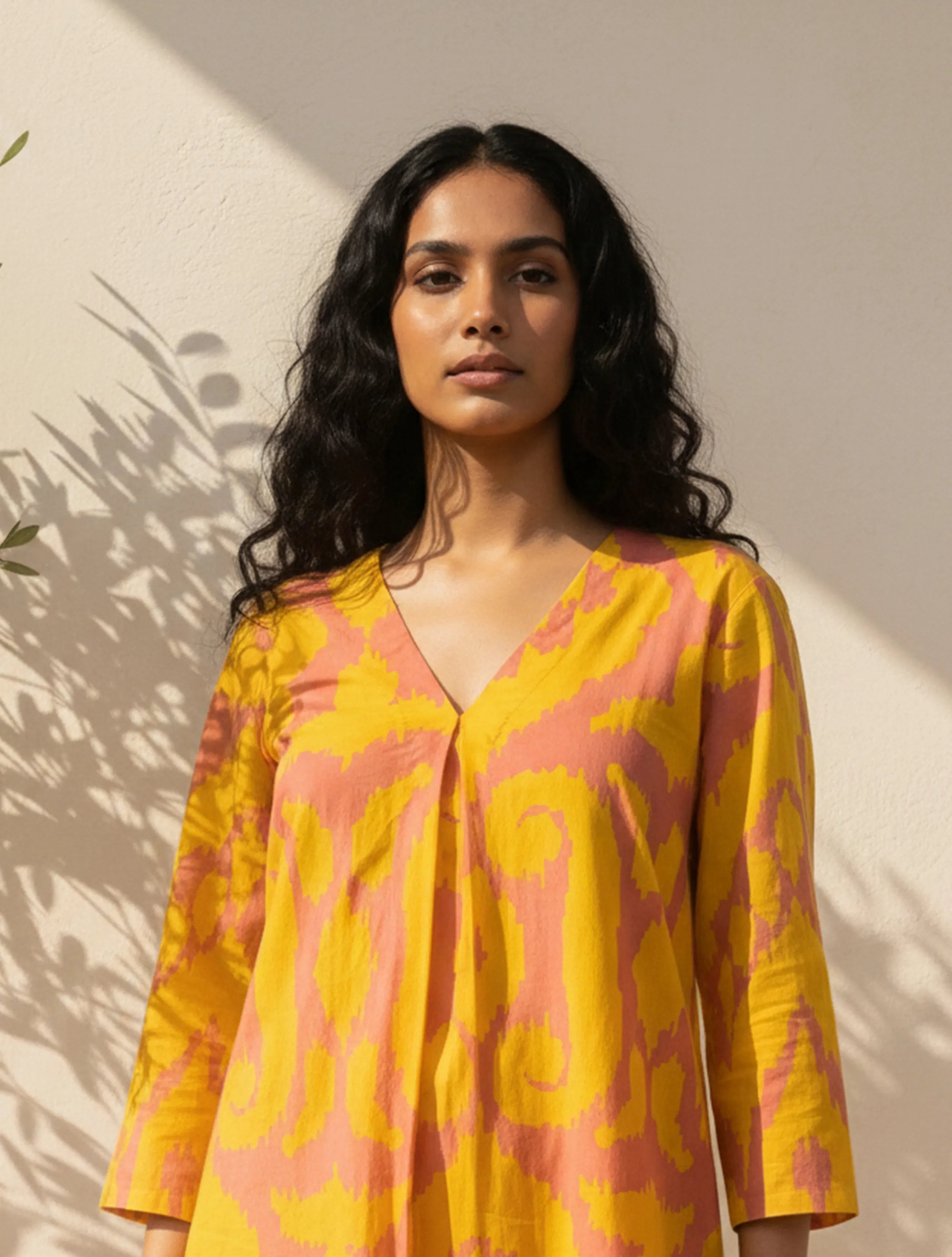 trueBrowns Yellow Peach Ikat Print Cotton Straight Kurta Set