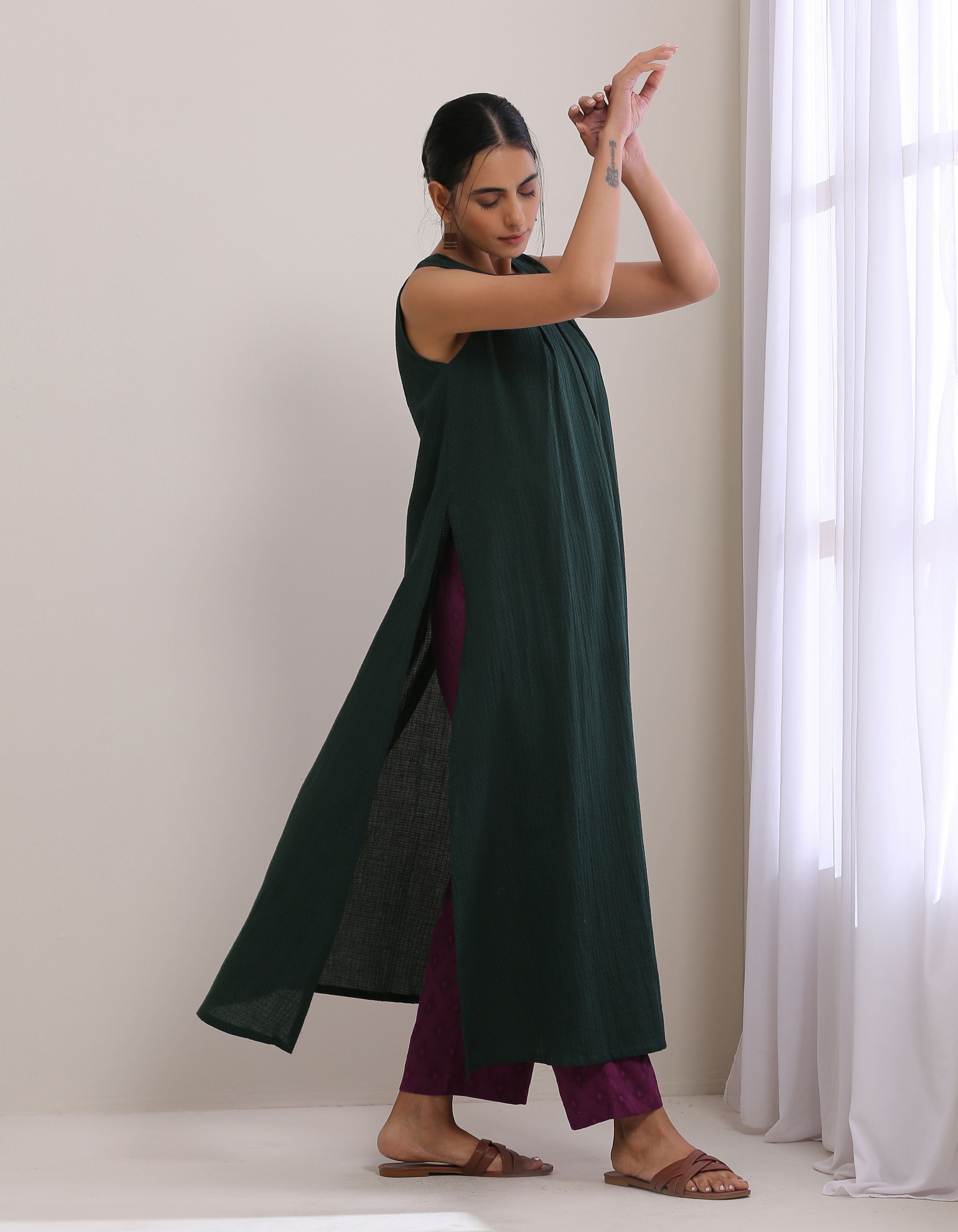 Dark Green Dobby Sleeveless Kurta Pant Set