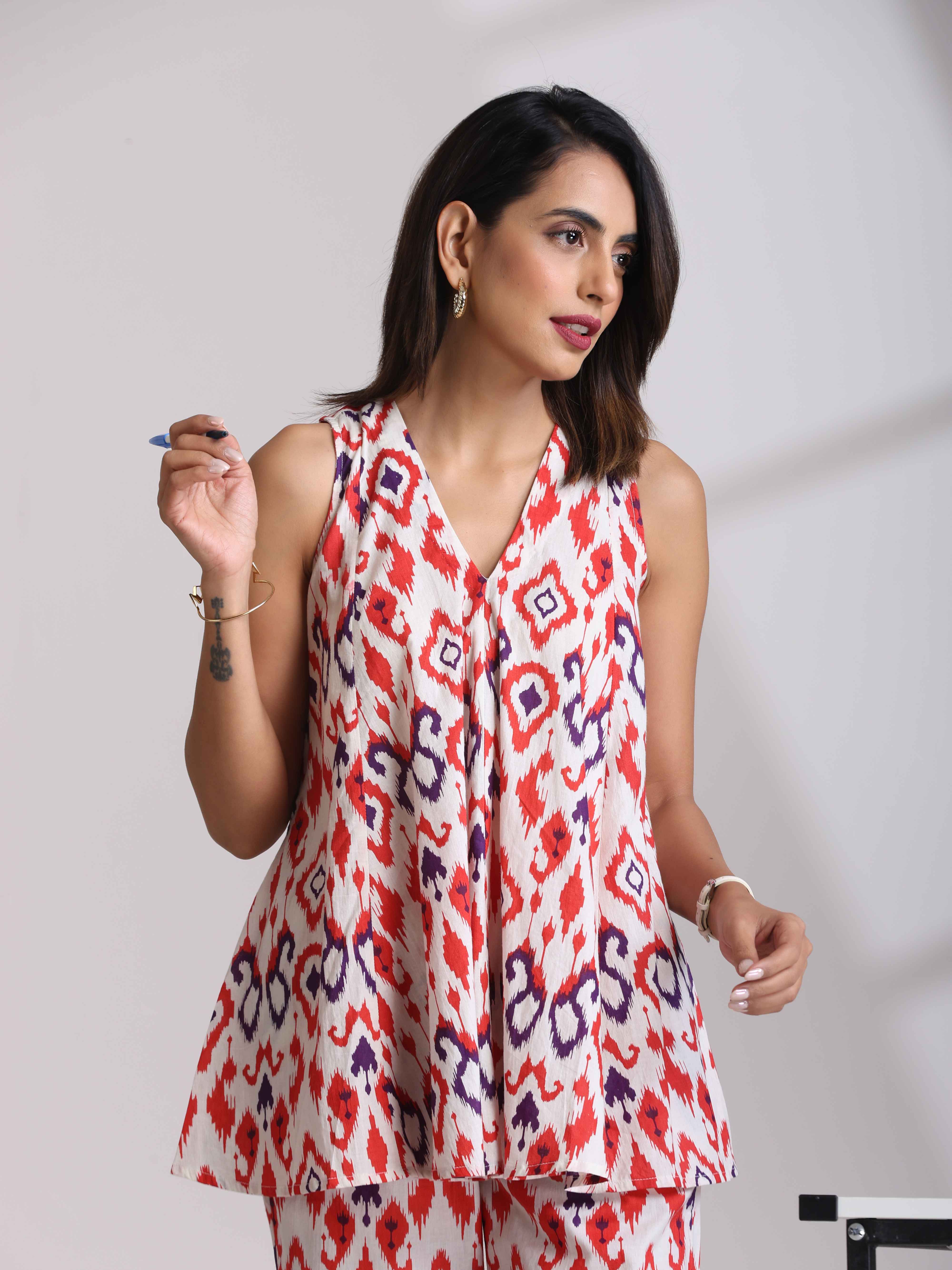 trueBrowns Carrot Cotton Ikat Flared Co-ord Set