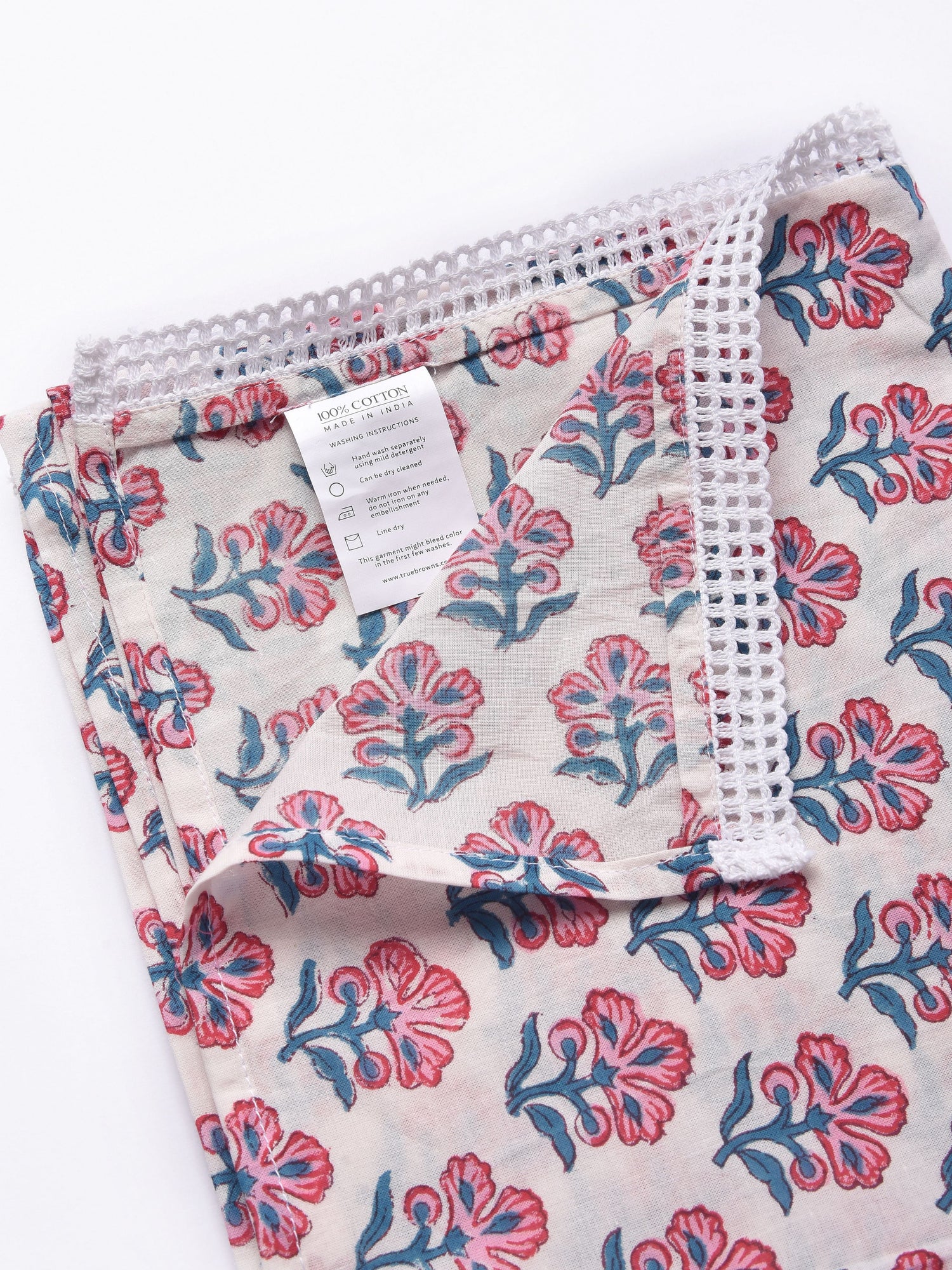 White Pink Floral Block Print Cotton Stole