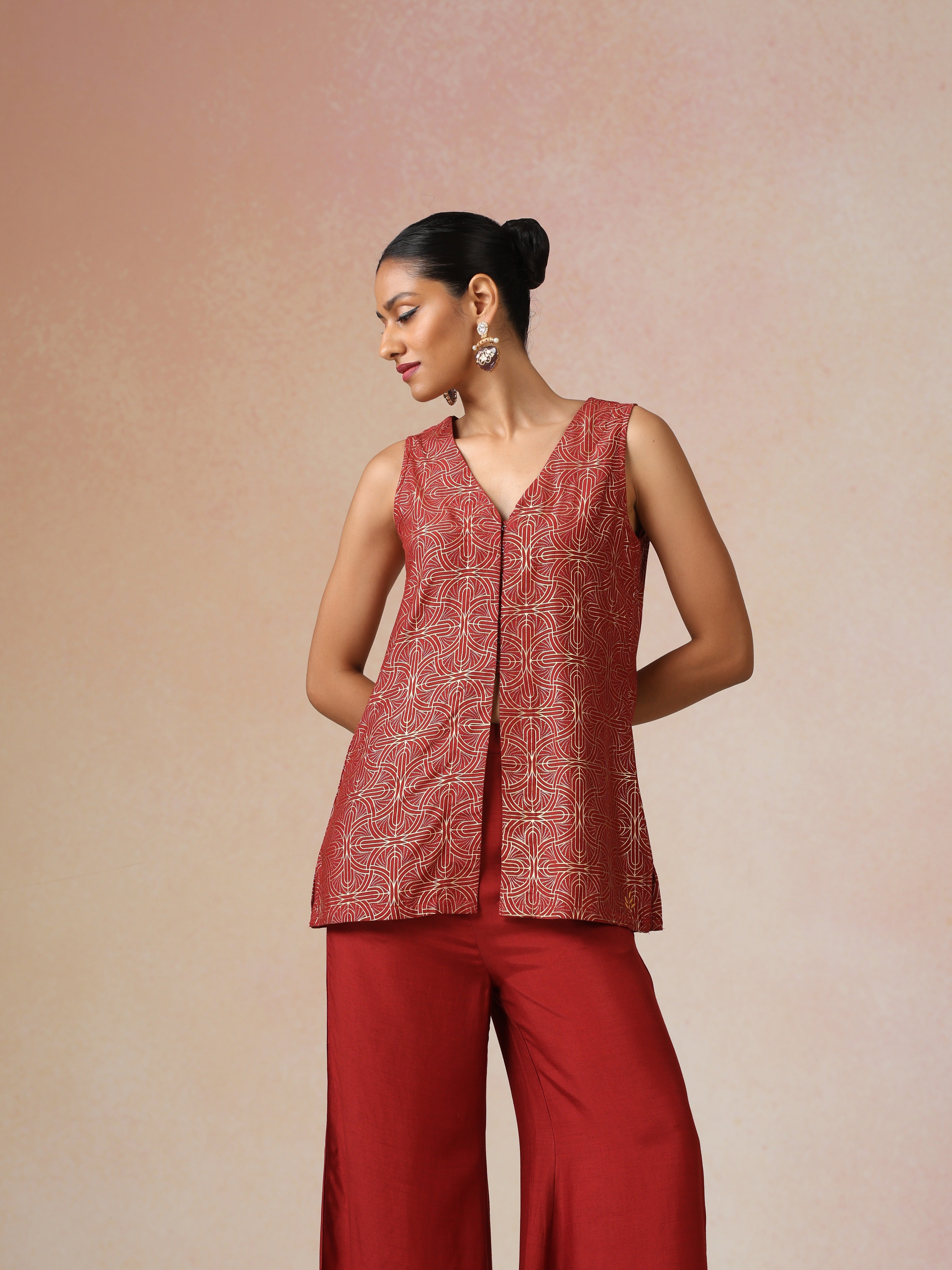 trueBrowns Red Gold Foil Print Jacket and Flared Pants Co-ord Set