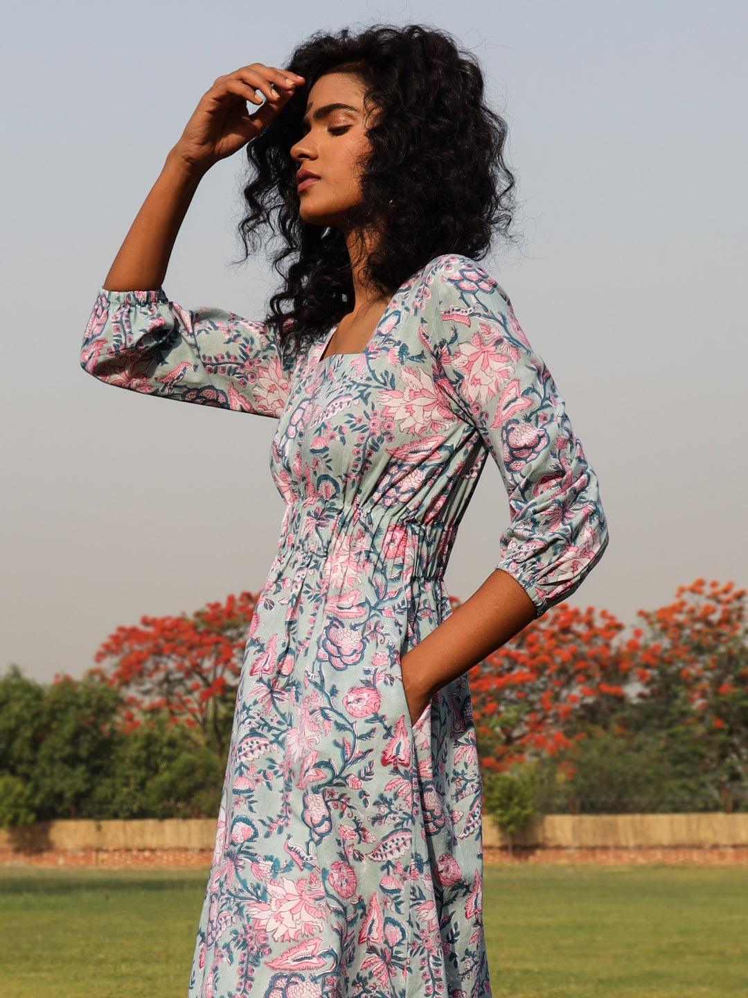 Powder Blue Cotton Block Print Square Neck Dress - trueBrowns