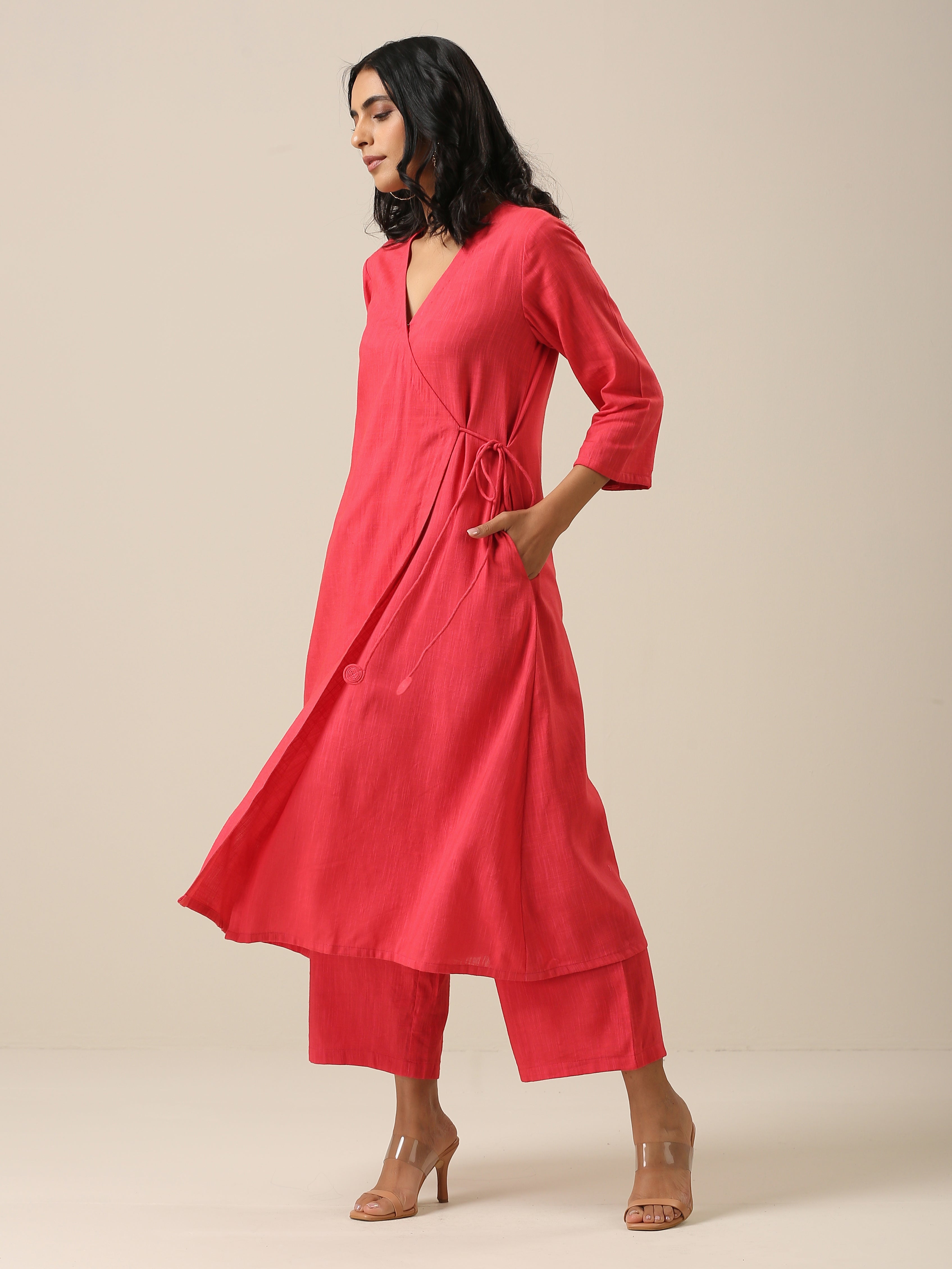Bright Pink Slub Texture Angrakha Pant Set