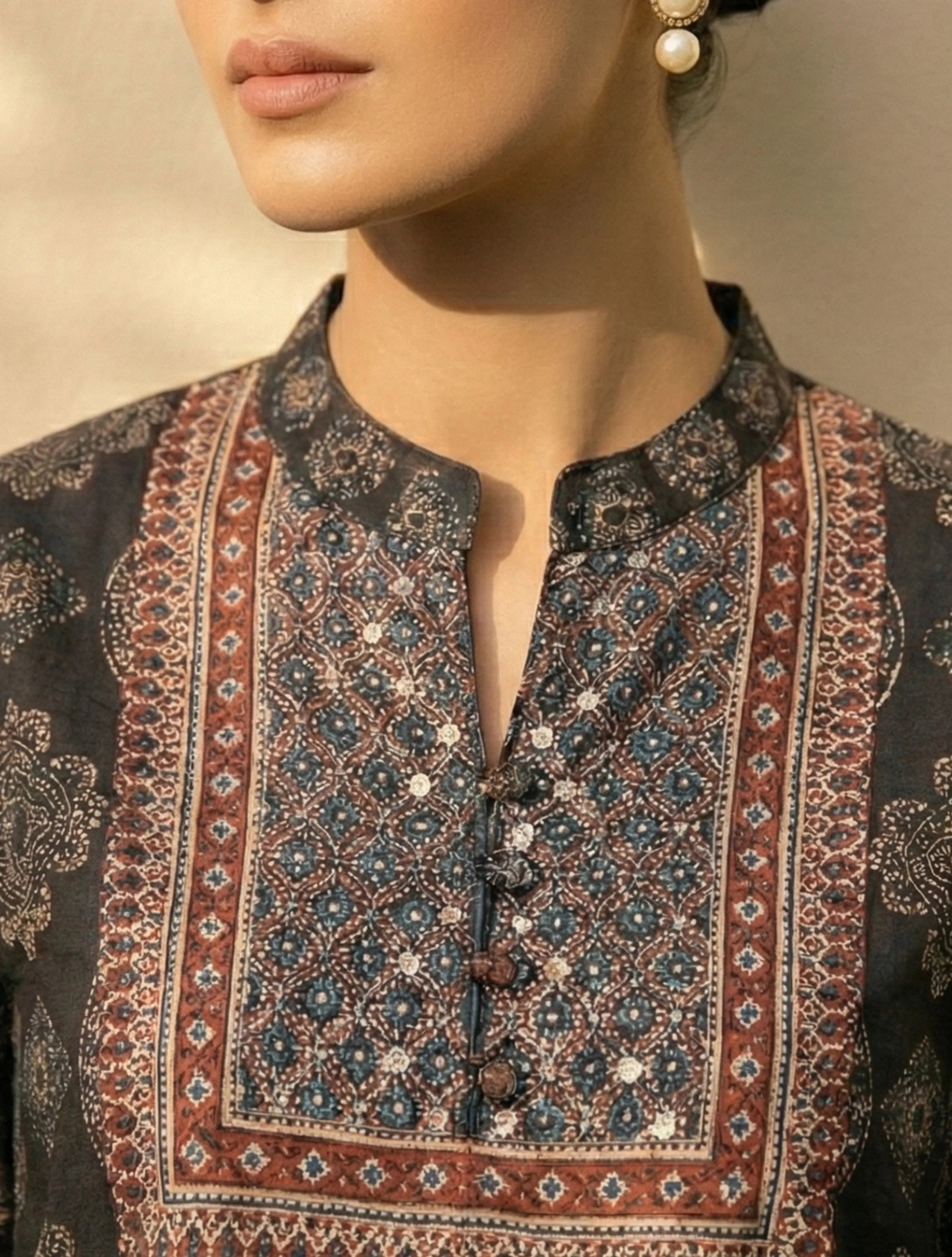 trueBrowns Black Print Embroidered Kurta Pant Dupatta Set