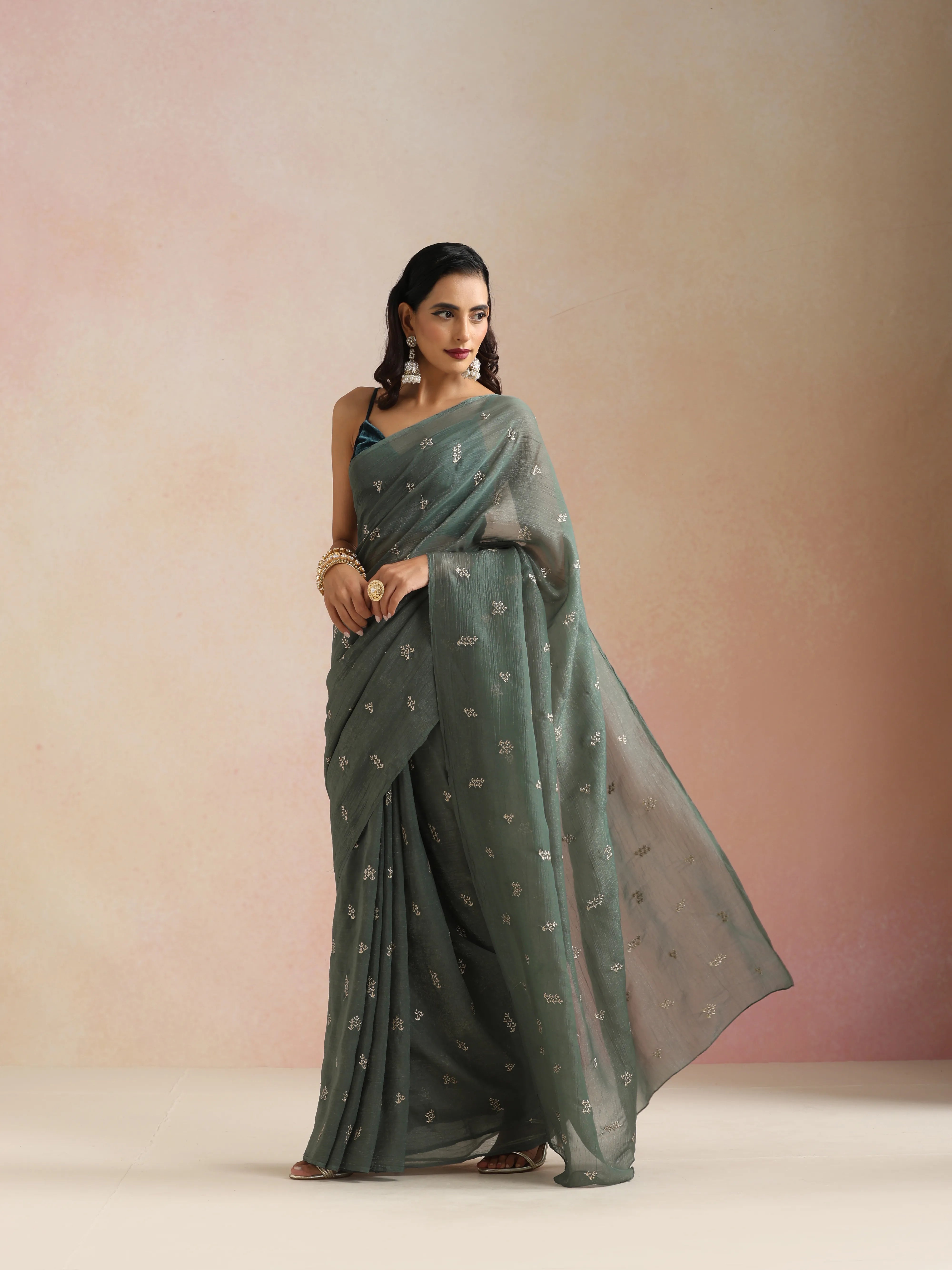trueBrowns Turq All Over Embroidered Saree With Unstitched Blouse
