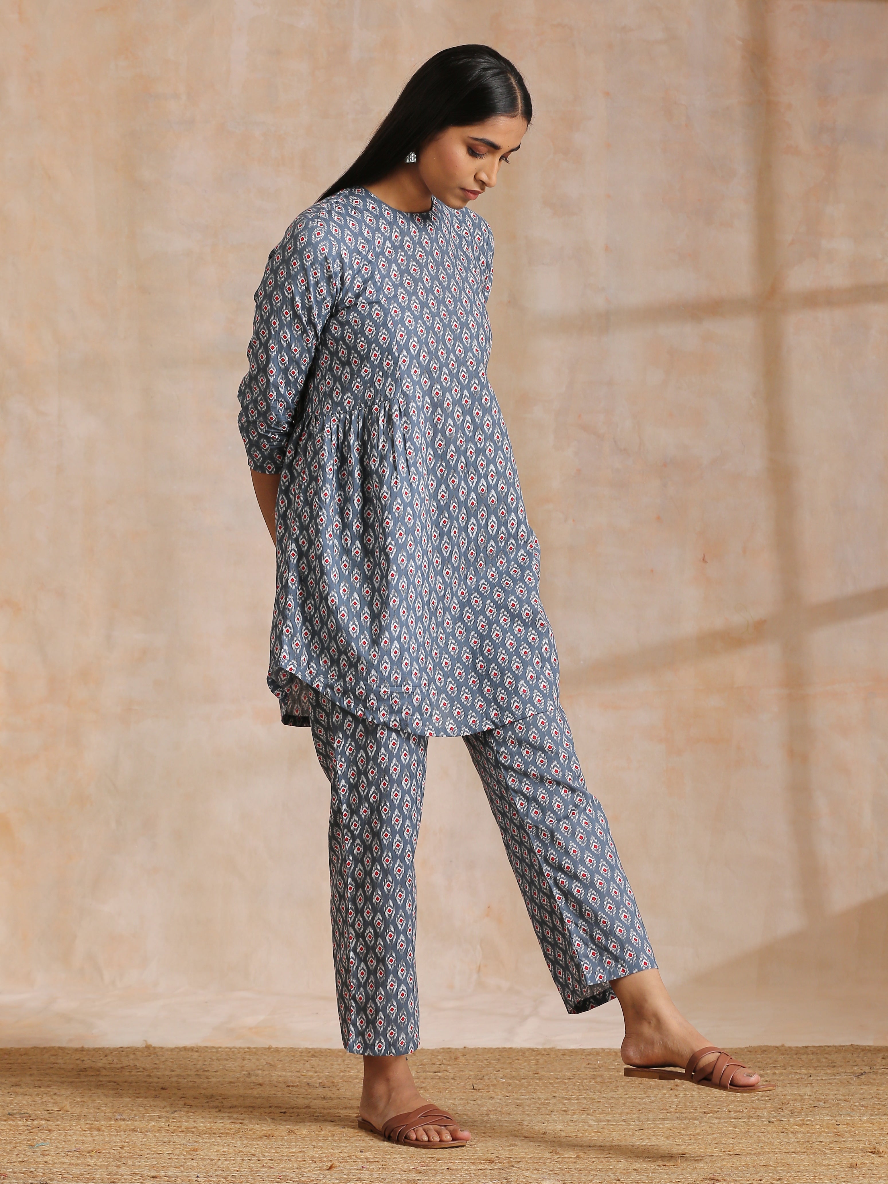 Steel Grey Ikat Print Cotton Gathers Co-Ord Set