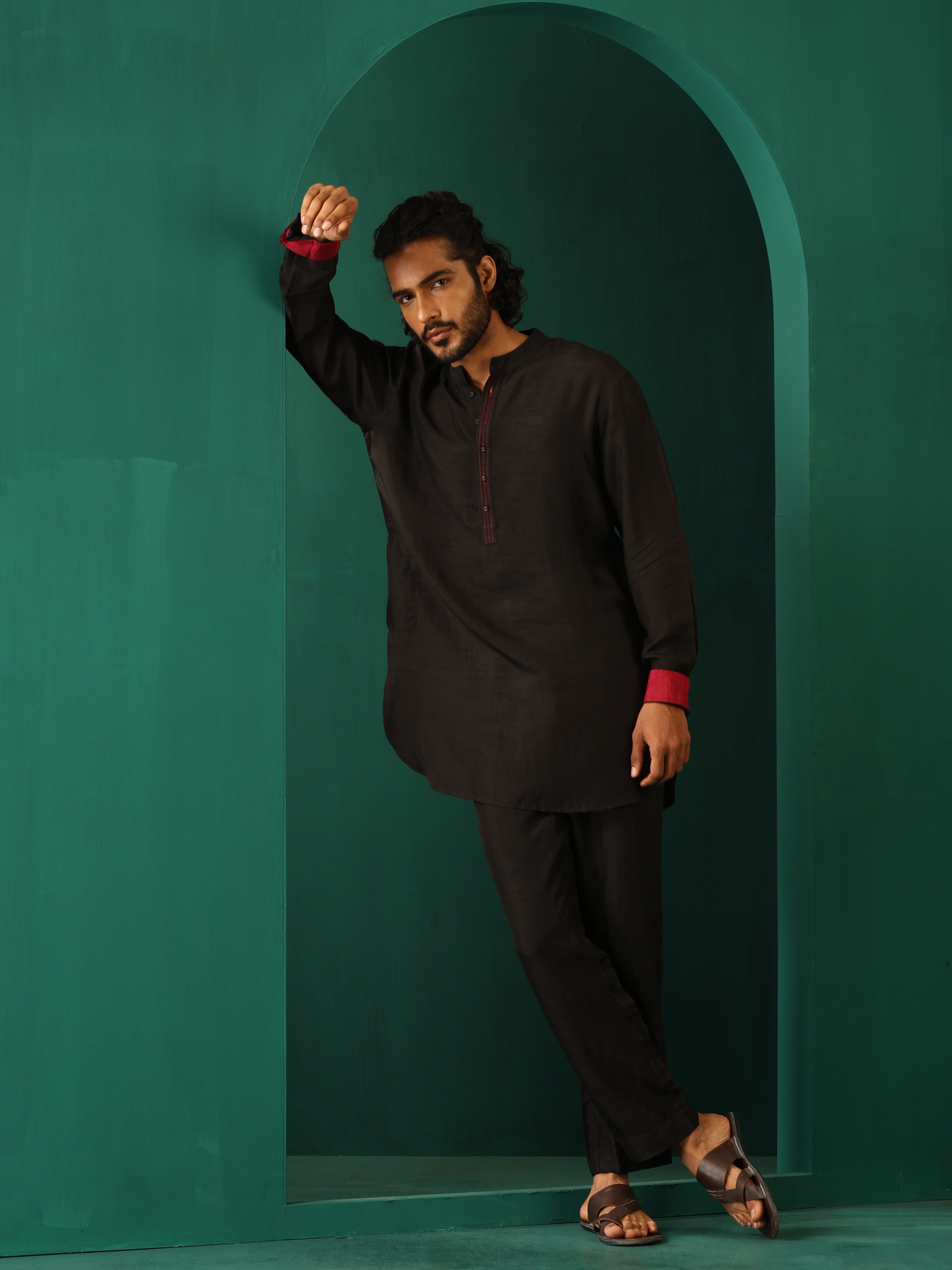 trueBrowns Men Black Silk Co-ord Set Stitch Detail