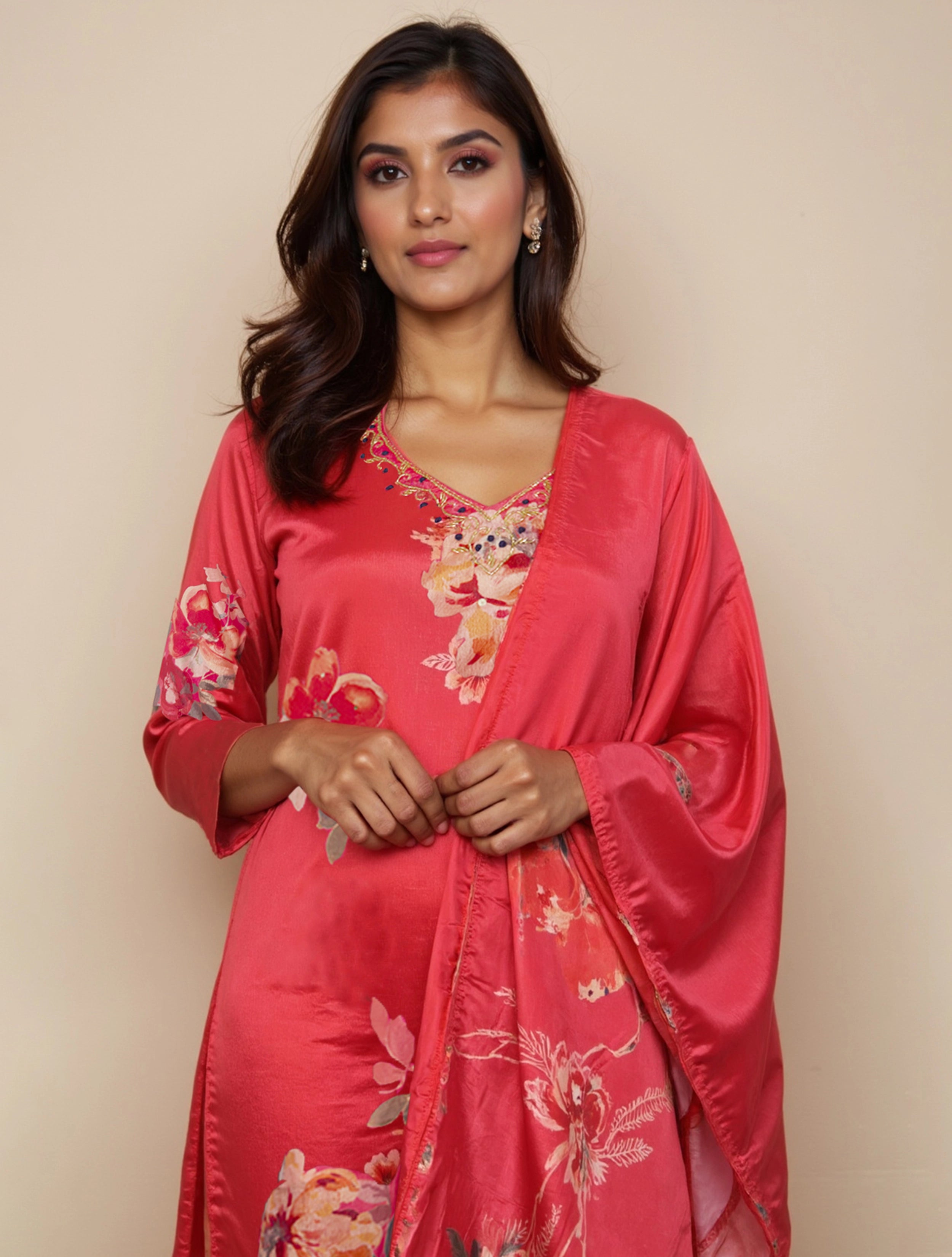 trueBrowns Pink Floral V-Neck Emb Straight Kurta Pant Dupatta Set