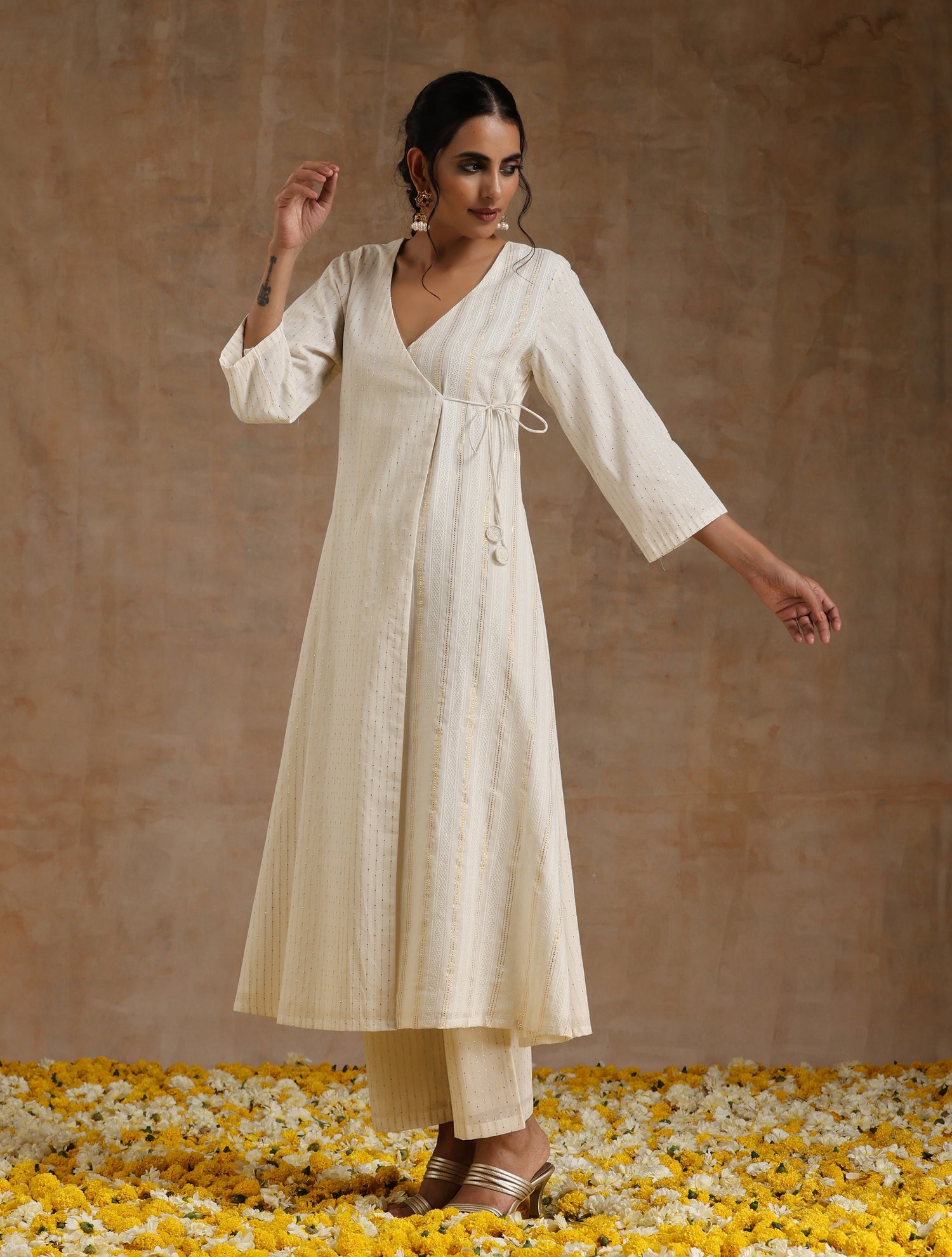Ivory Gold Cotton Angrakha Kurta Set