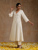 Ivory Gold Cotton Angrakha Kurta Set