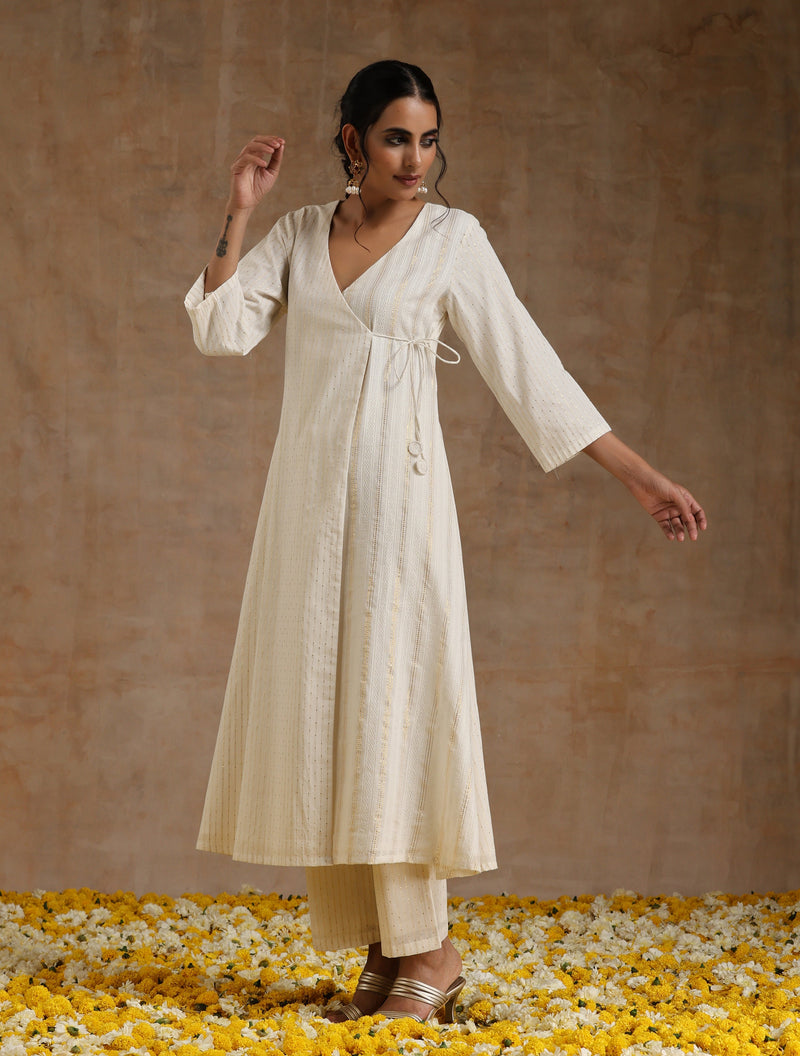 Ivory Gold Cotton Angrakha Kurta Set