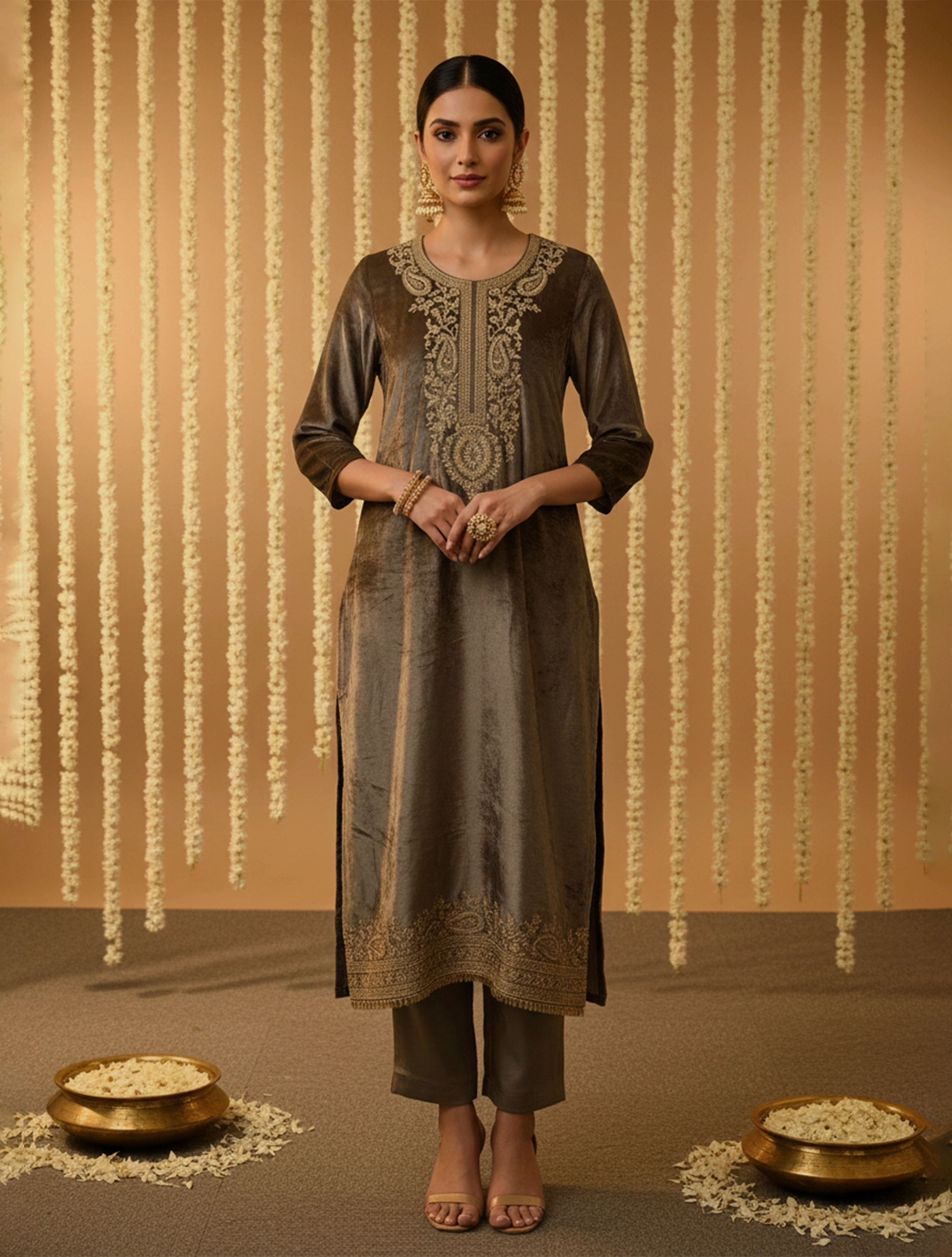 trueBrowns Velvet Grey Gleam Embroidered Kurta Pants Dupatta Set