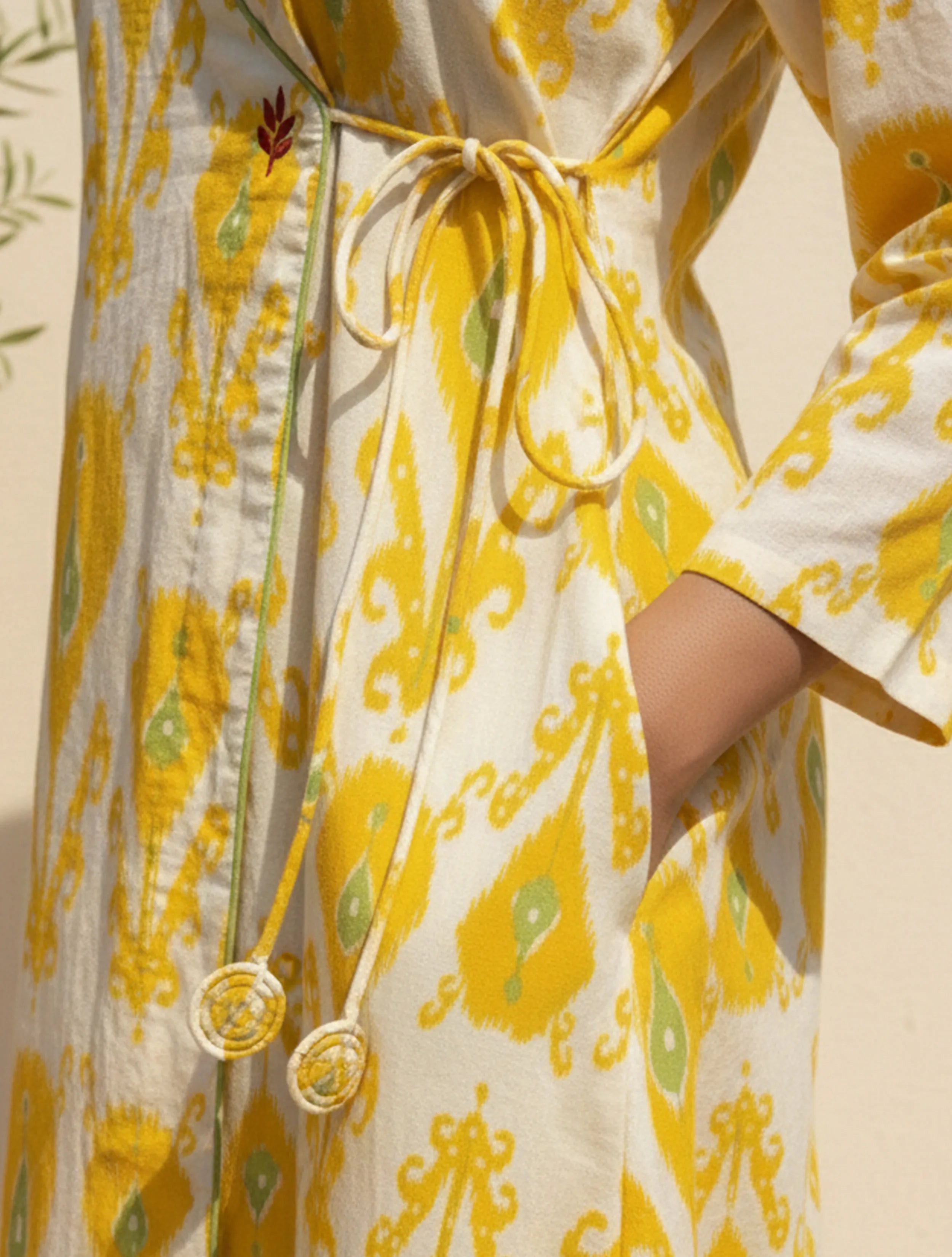  trueBrowns White Yellow Ikat Print Cotton Angrakha Kurta Set