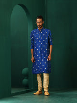 trueBrowns Men Royal Blue Geometric Floral Viscose Silk Long Kurta