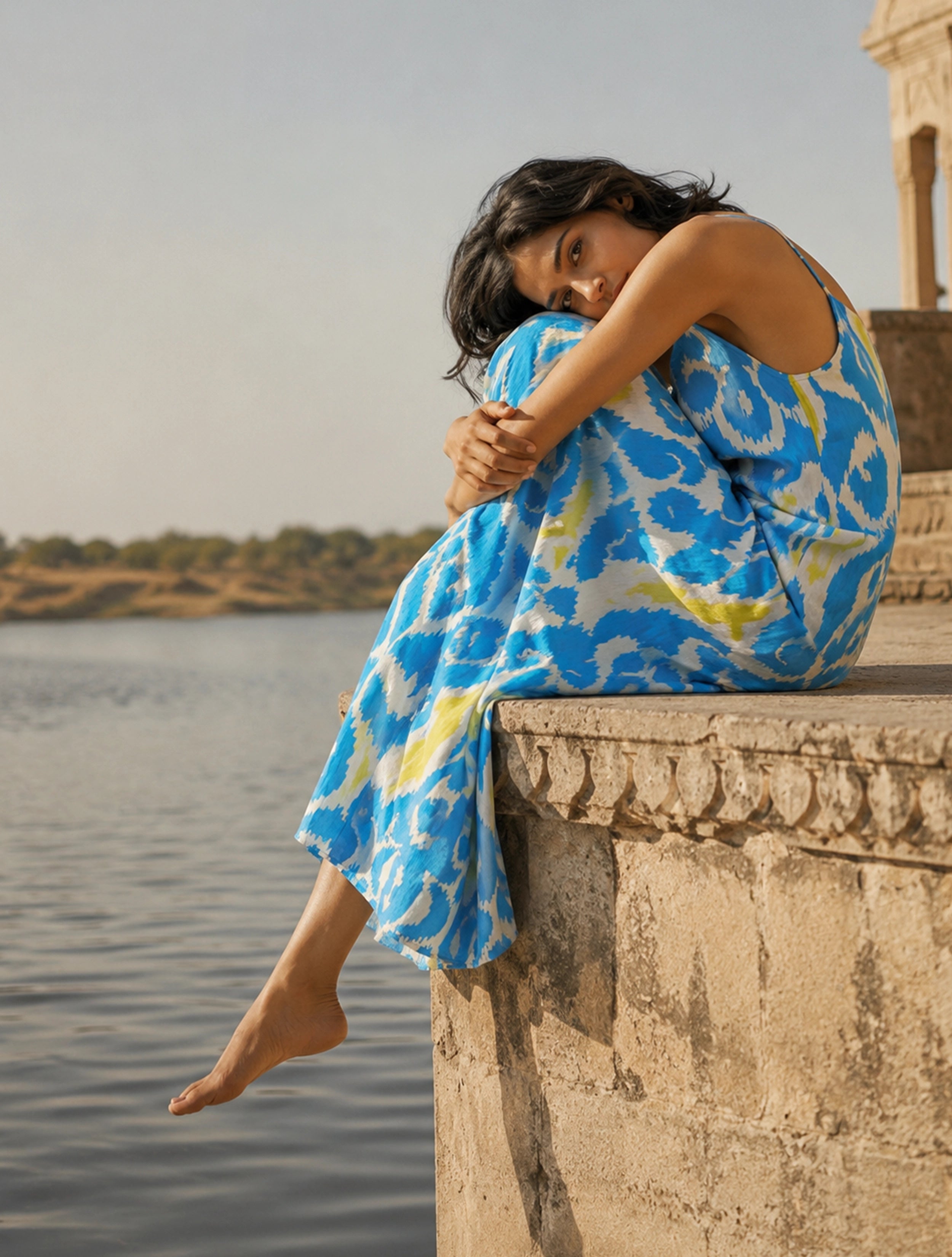 trueBrowns Blue Ikat Print Cotton Mull Strappy Maxi Dress