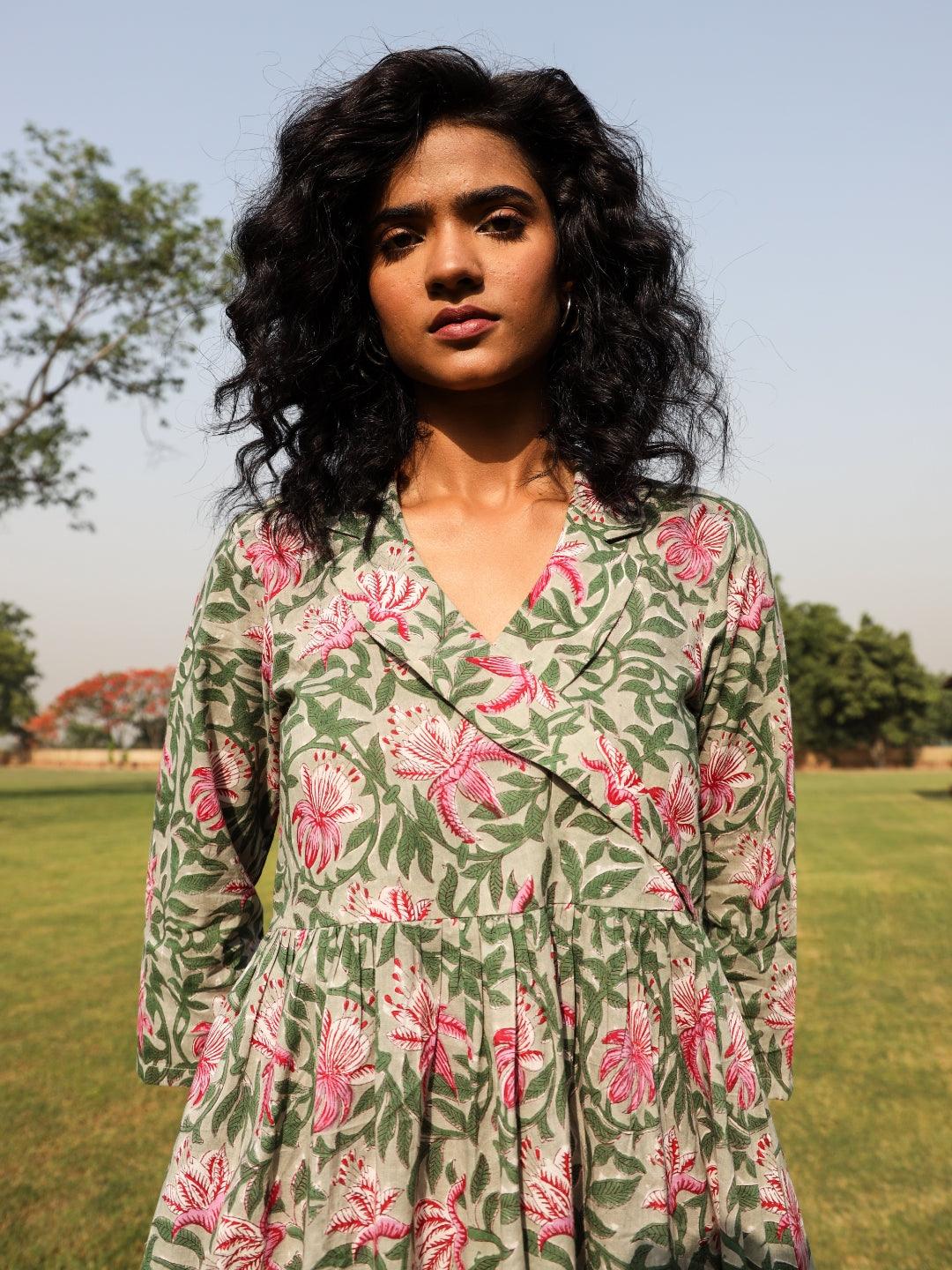 Sage Cotton Block Print Lapel Collared Dress - trueBrowns