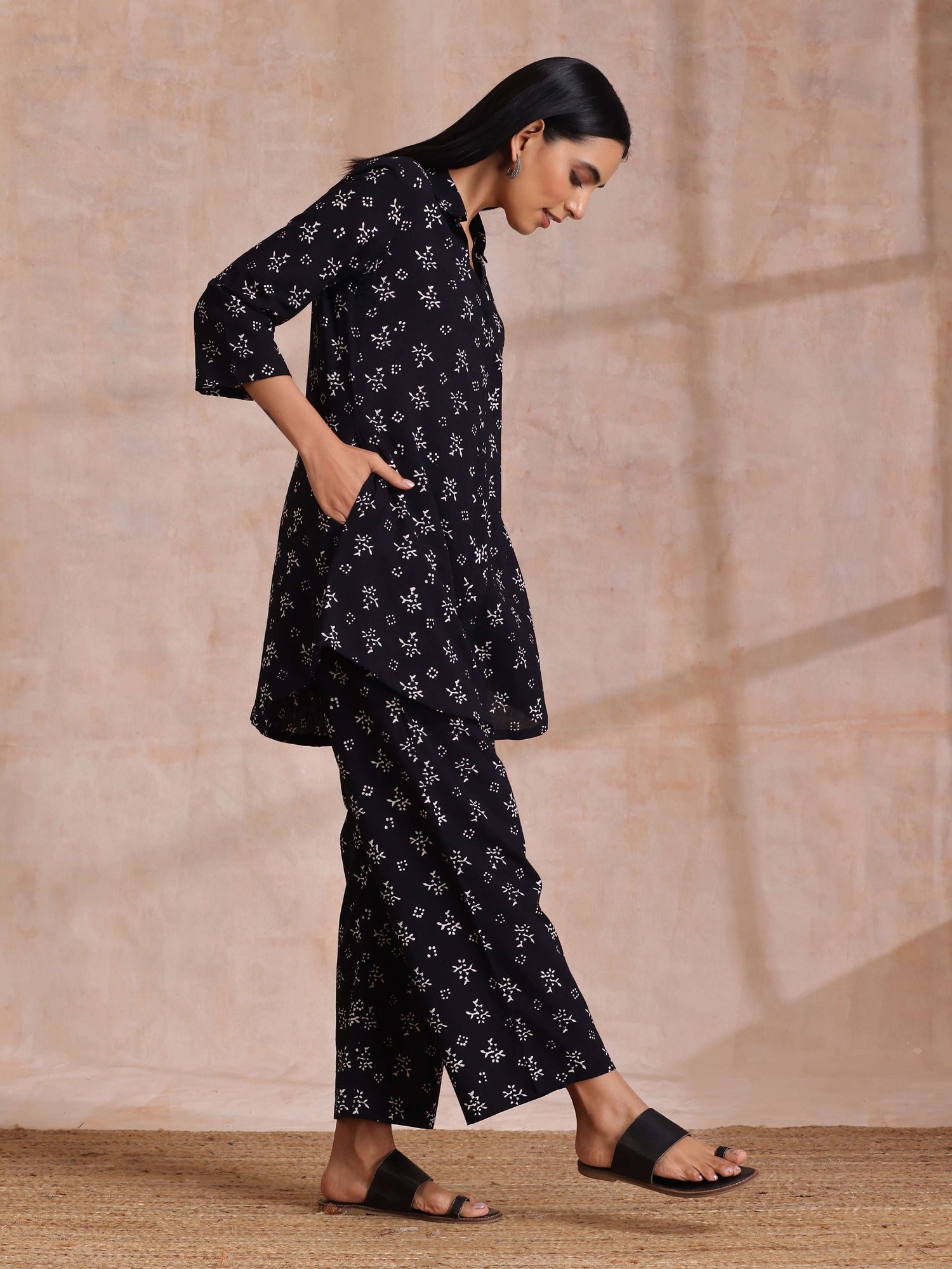 Black White Floral Print Cotton Collar Short Co-Ord Set
