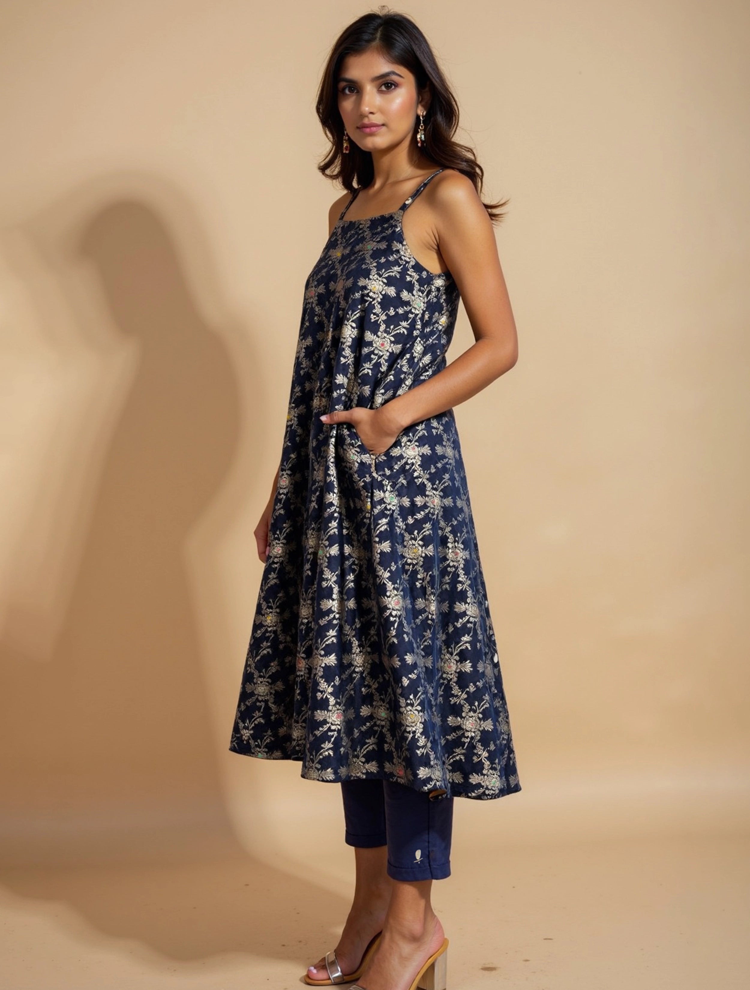 trueBrowns Blue Brocade Straight High-Slit Kurta Co-ord Set