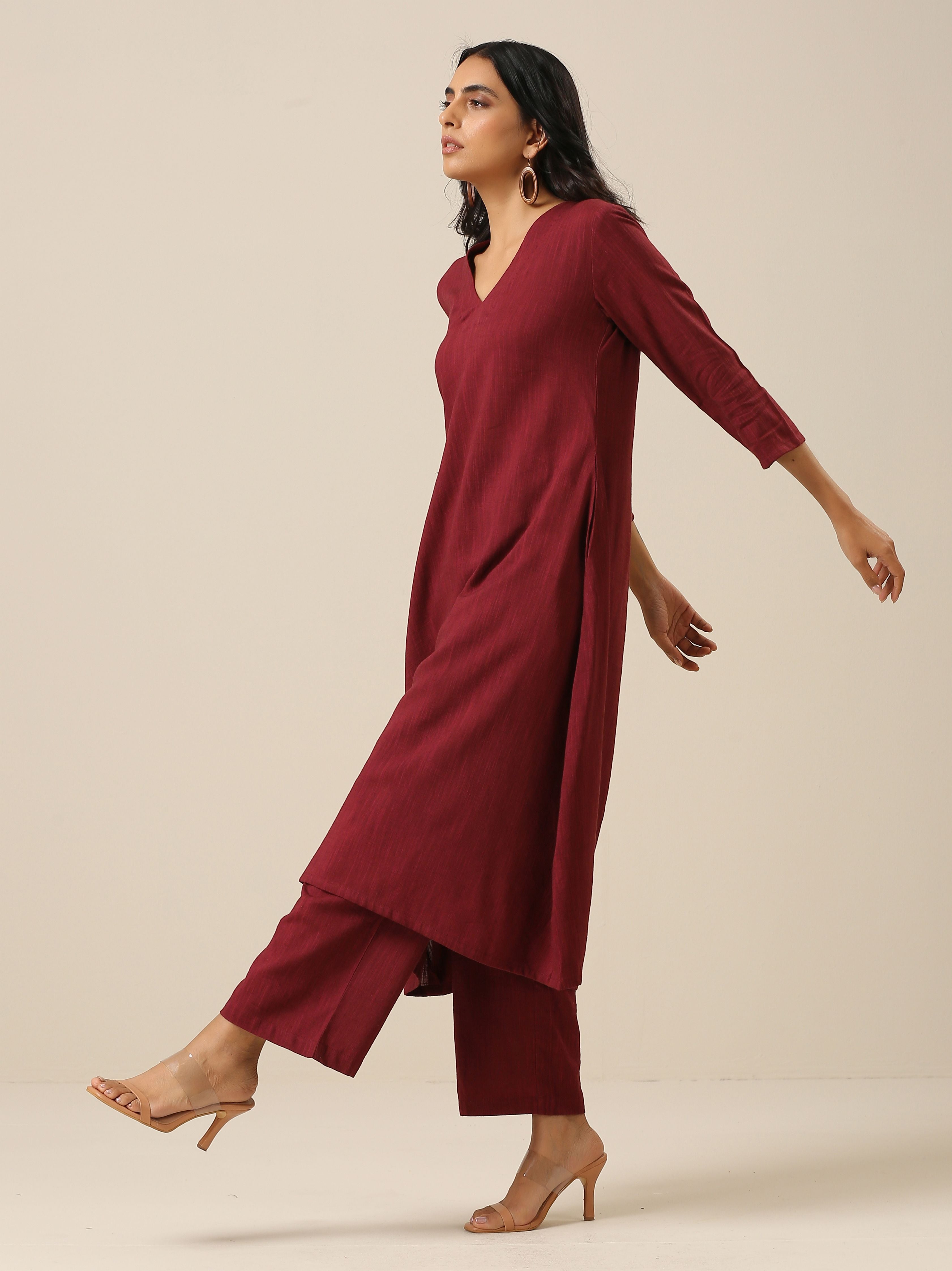 Ruby Wine Slub Texture Back Pleat Kurta Pant Set