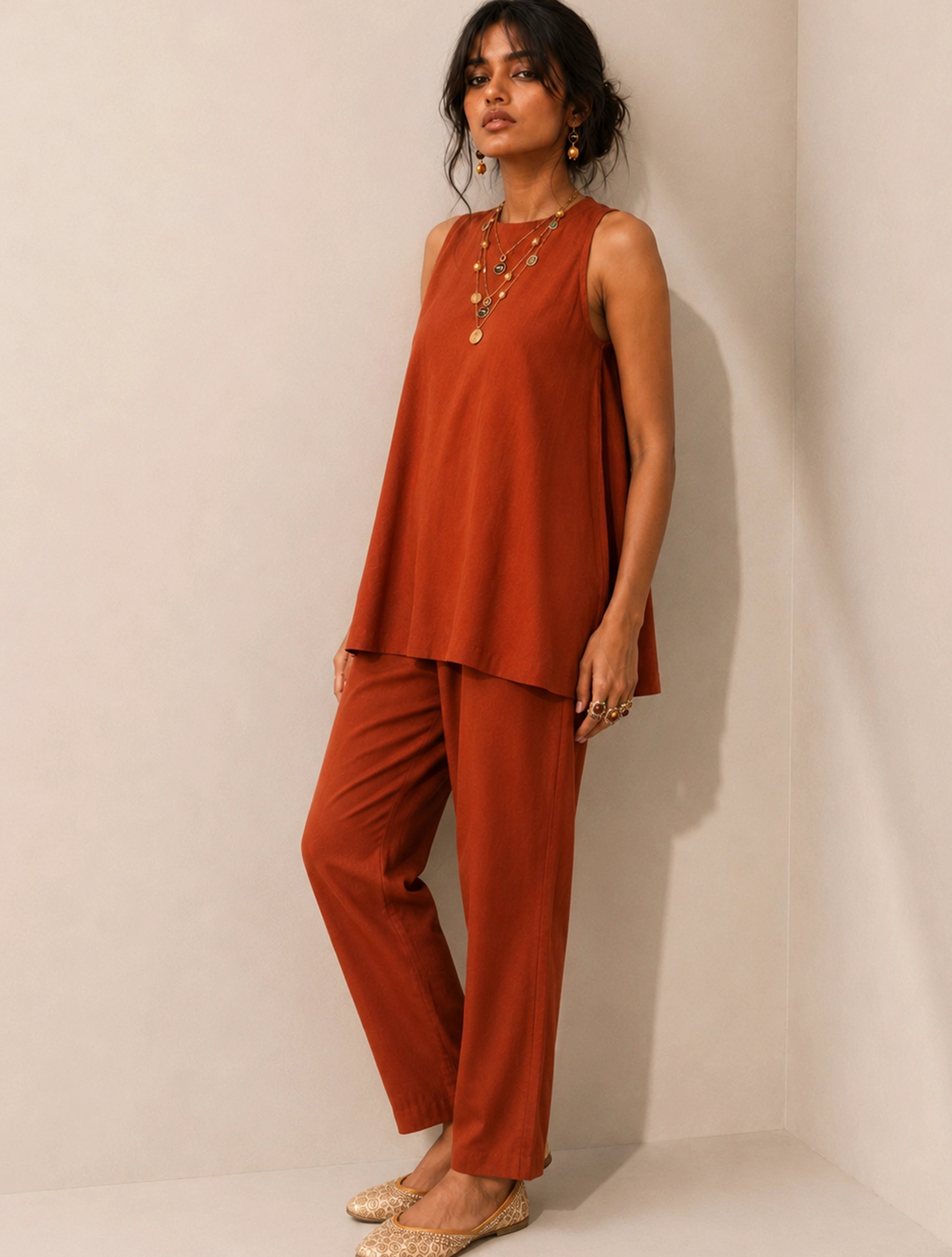trueBrowns Rust Solid Viscose Sleeveless Co-Ord Set