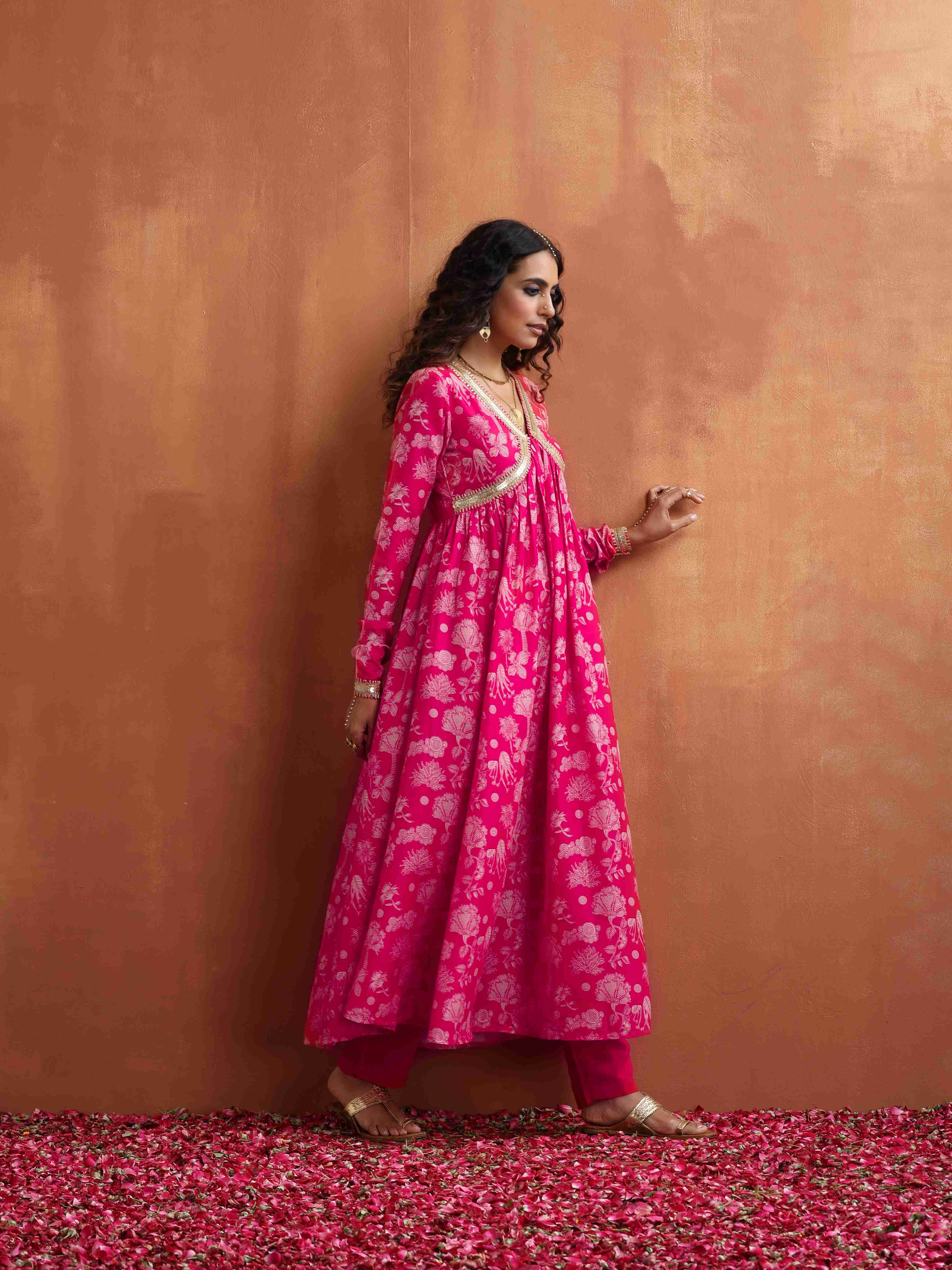 trueBrowns Red Print Flared Anarkali Kurta Set