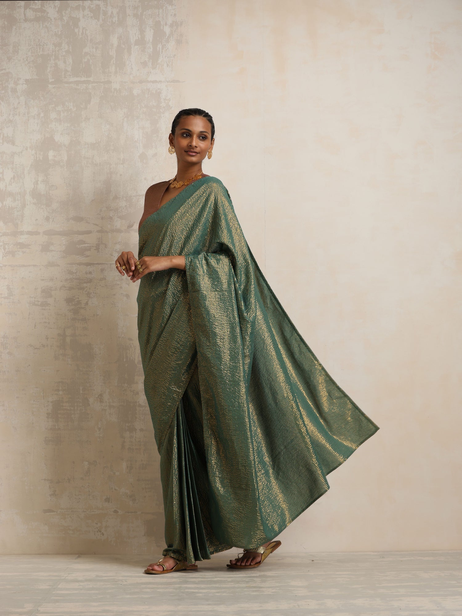 trueBrowns Dark Green Gold Lurex Ready To Wear Saree