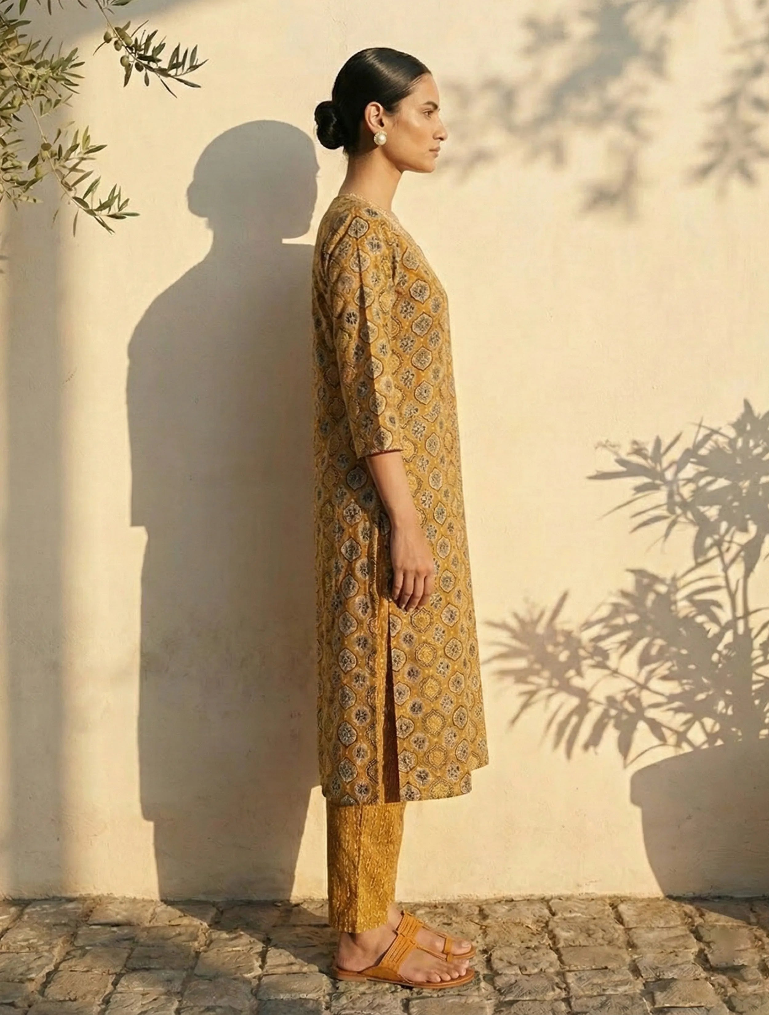 trueBrowns Mustard Print Embroidered  V-Neck Kurta Pant Dupatta Set