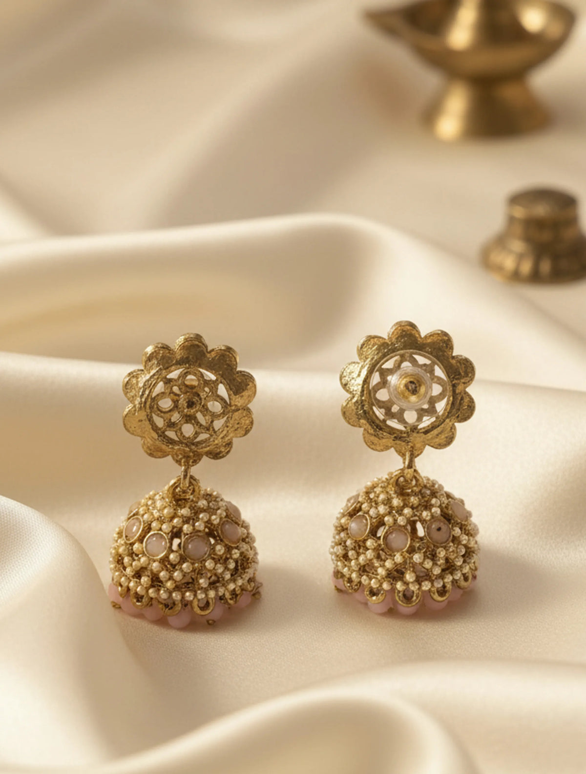 trueBrowns Classic Pink Pearl Jhumkas