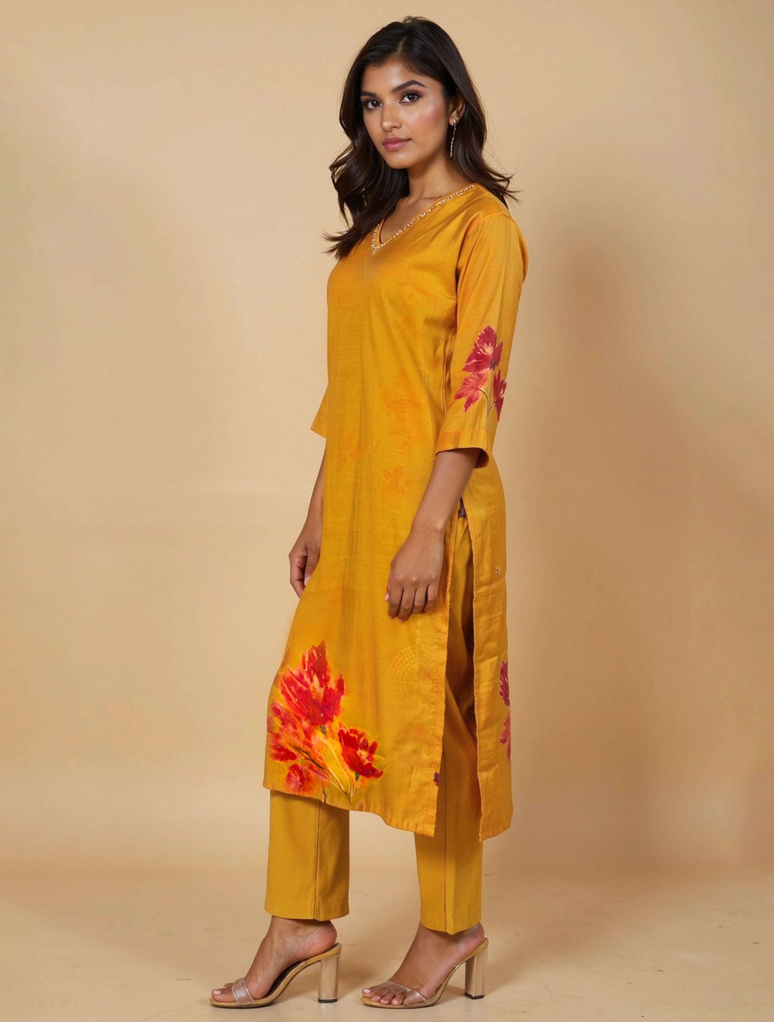 trueBrowns Lime Floral Print Kurta Pant Dupatta Set