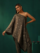 trueBrowns Grey Diamond Viscose Silk One-Shoulder Kurta Pant Set