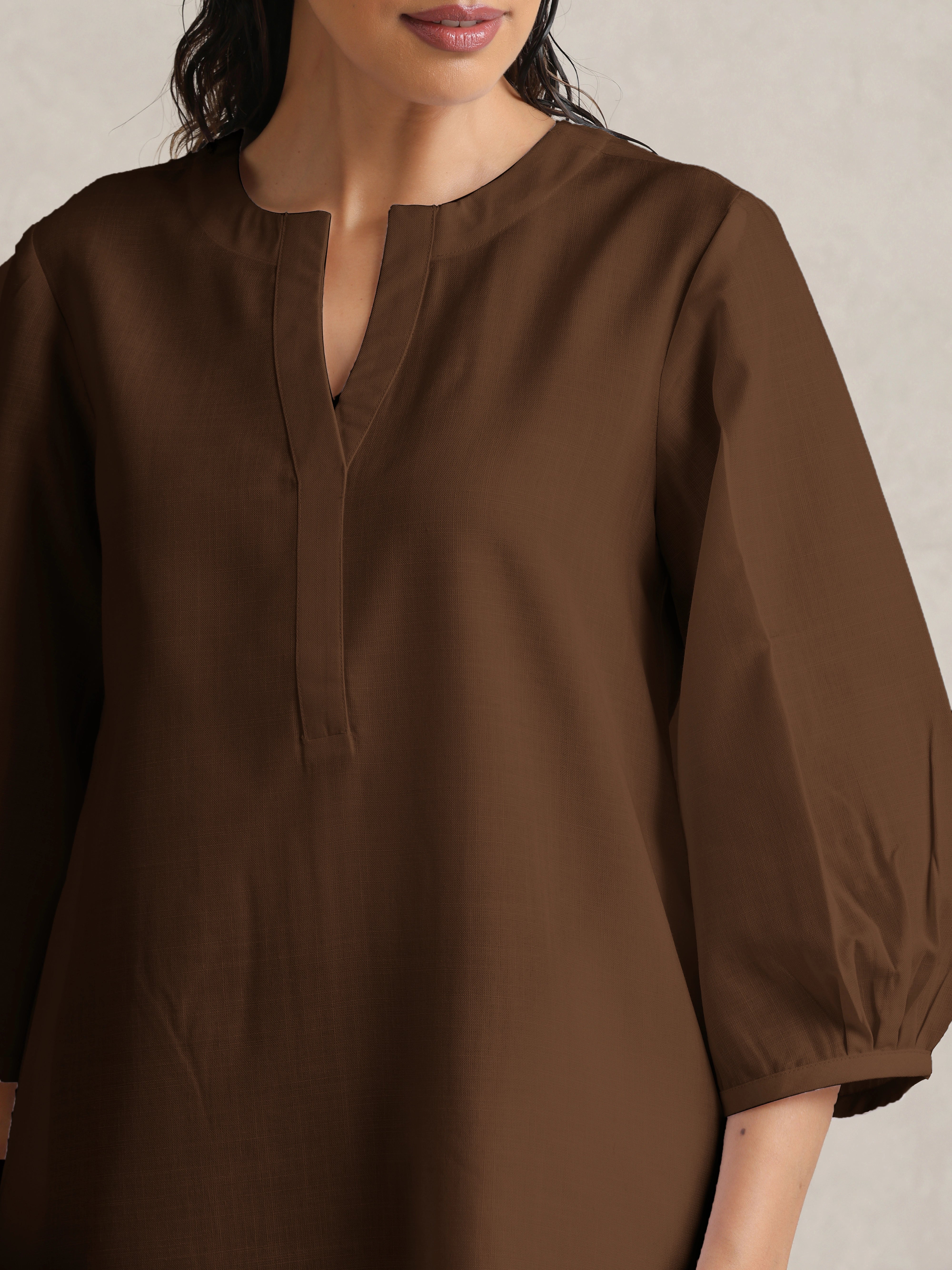trueBrowns Brown Cotton Blend Short Kurta